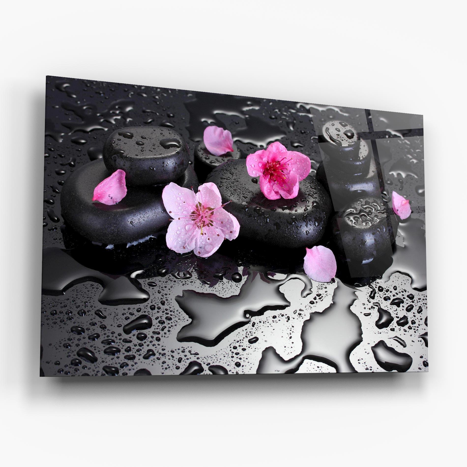 Glasbild Pink Flowers Stones mockup 6