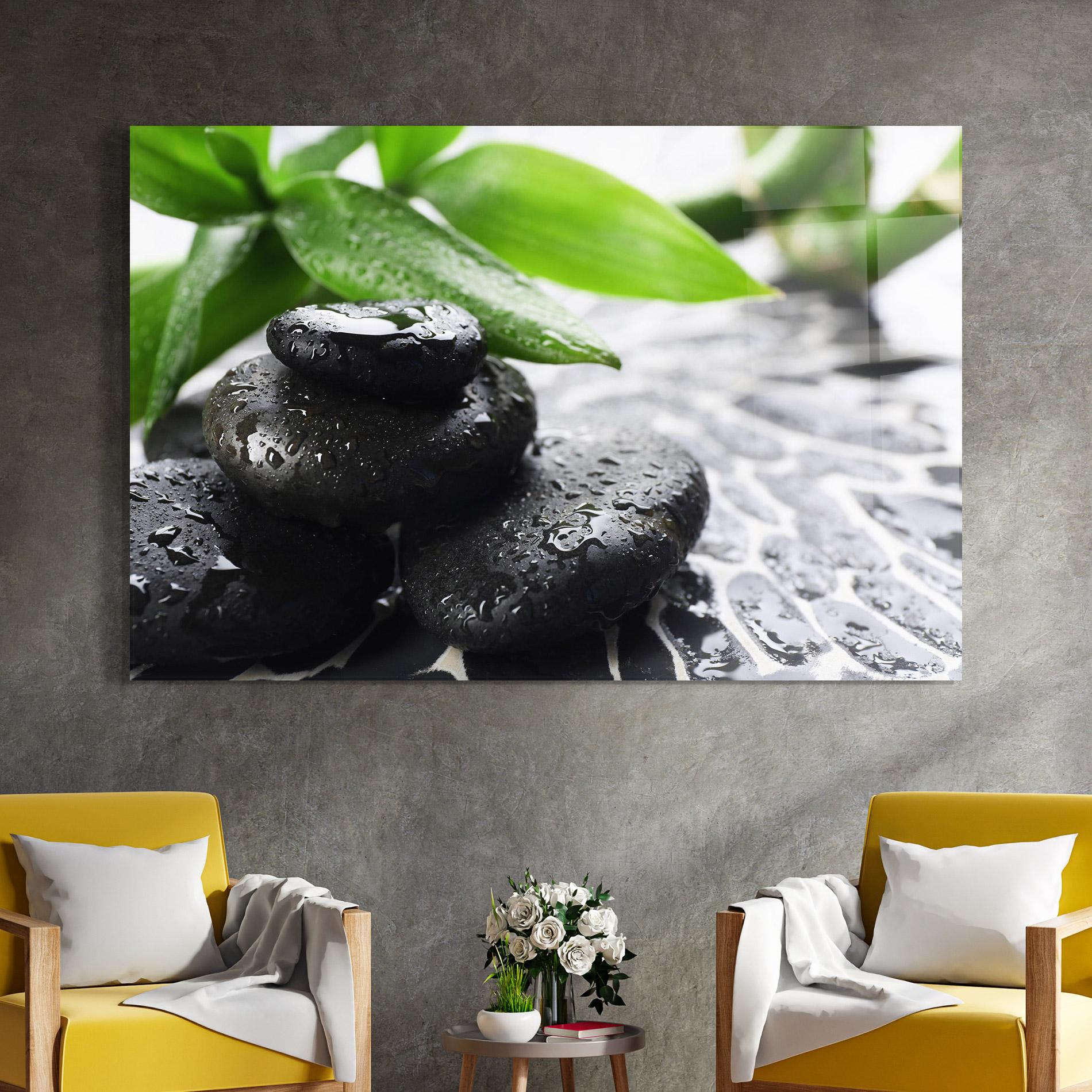 Glasbild Bamboo Branch Stones mockup 4