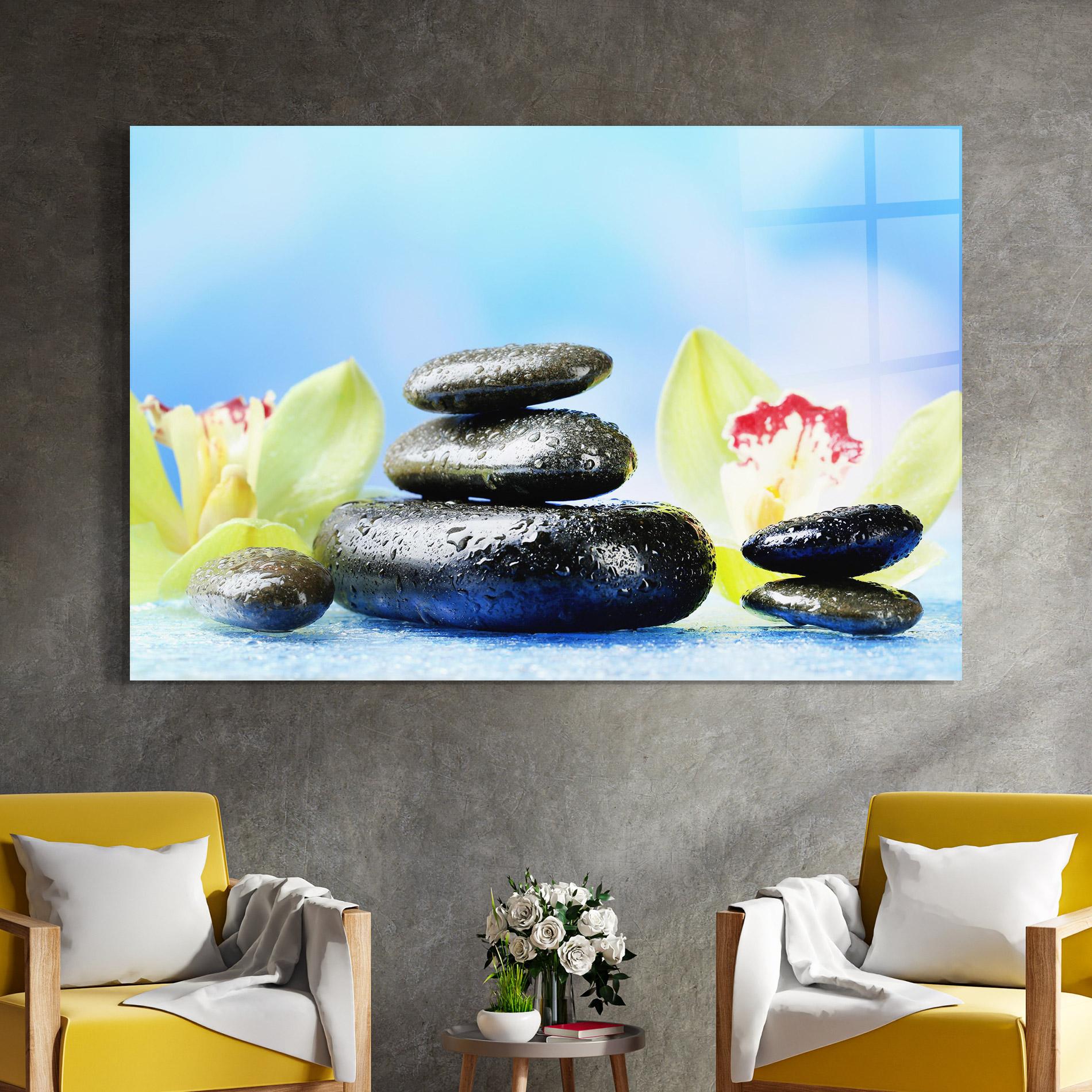 Glasbild Blooming Orchid Stone mockup 4