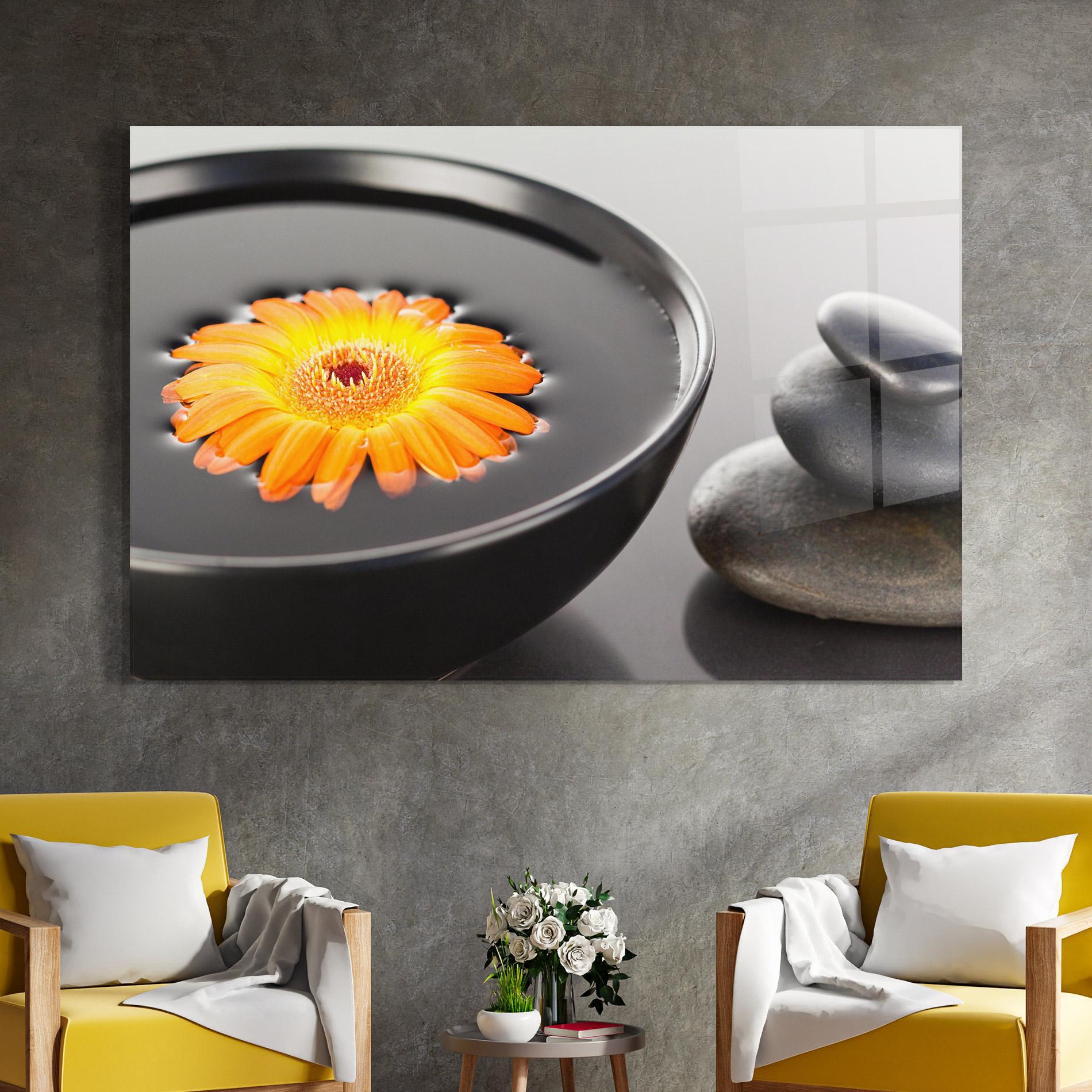Glasbild Orange Flower Stones mockup 4