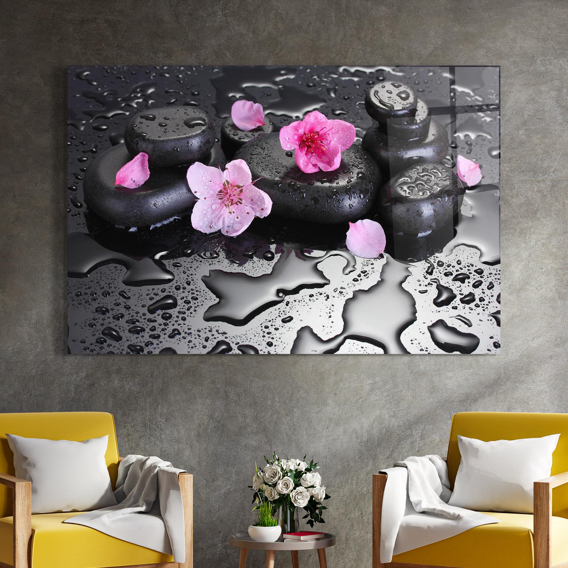 Glasbild Pink Flowers Stones mockup 4