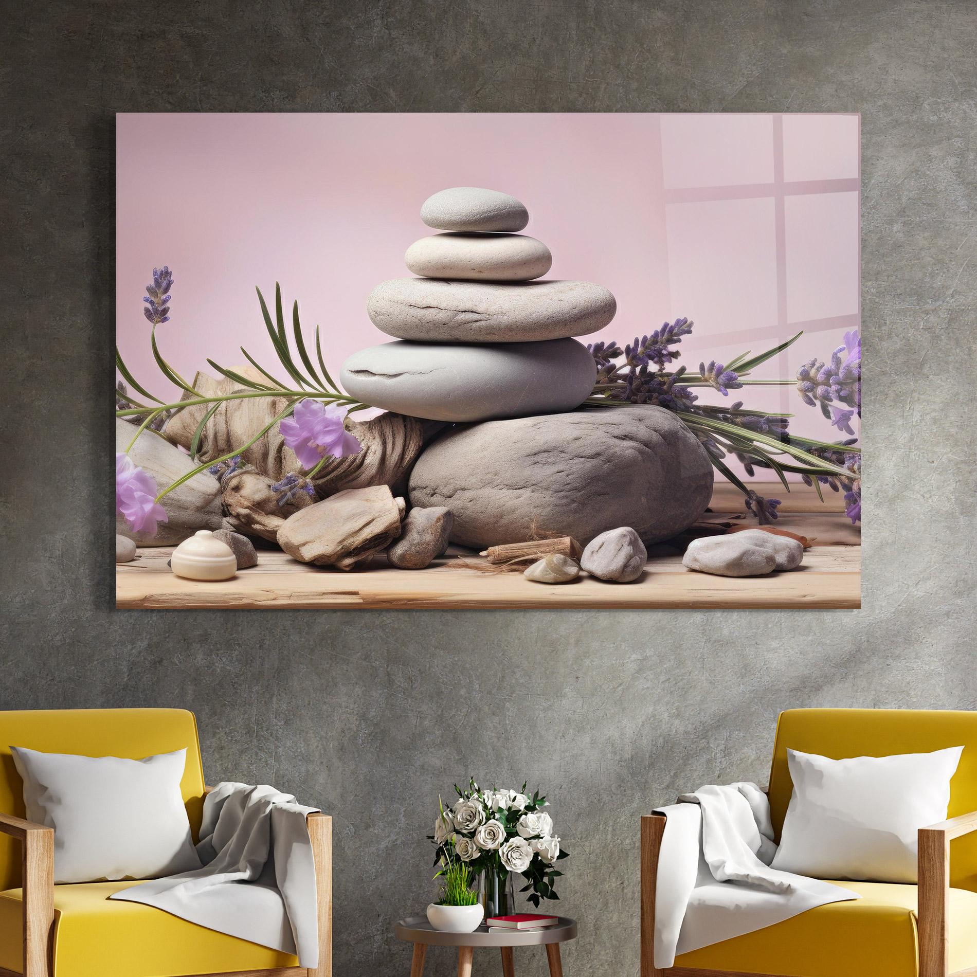 Glasbild Purple Flower Stones mockup 4