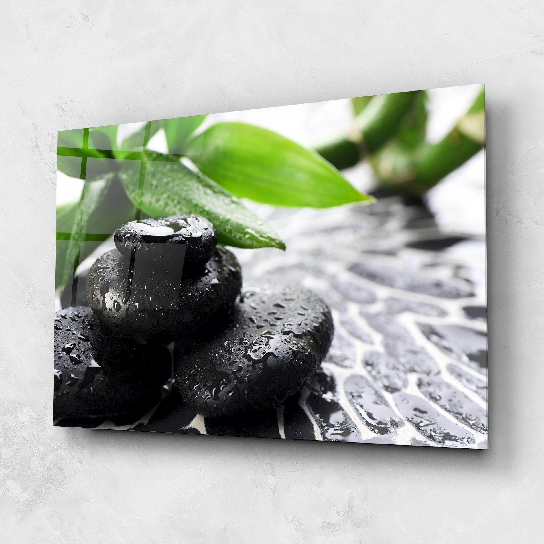 Glasbild Bamboo Branch Stones mockup 1