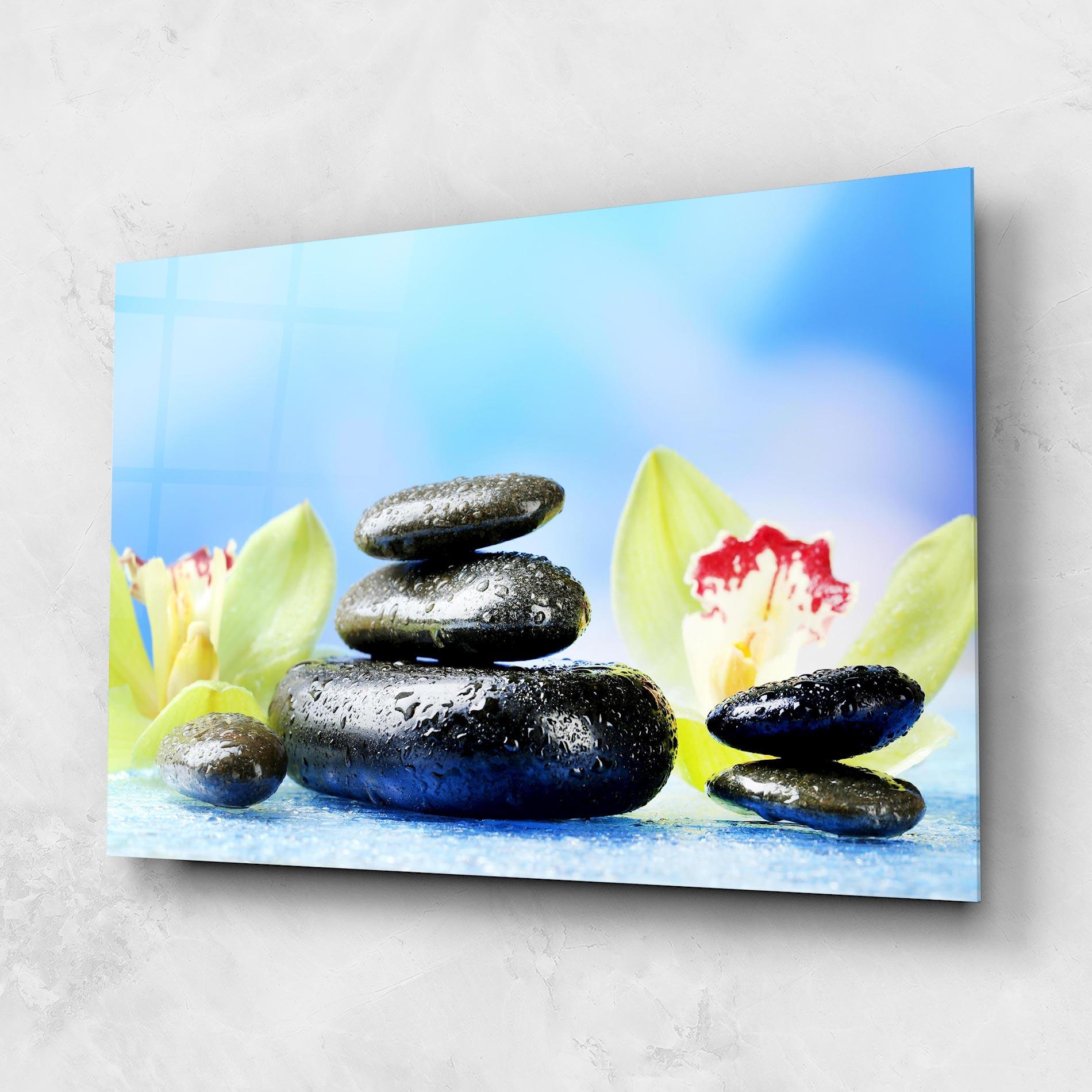 Glasbild Blooming Orchid Stone mockup 1