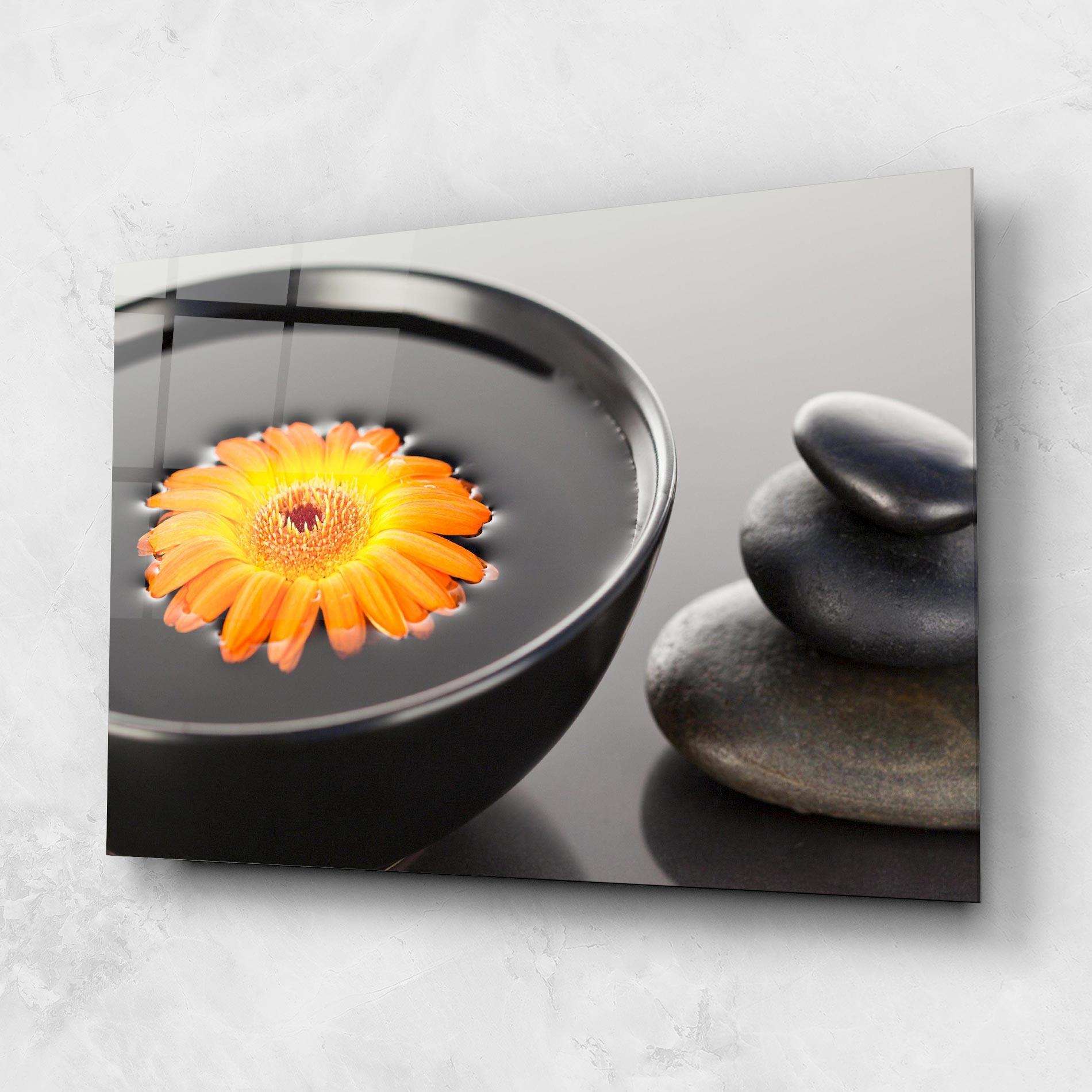 Glasbild Orange Flower Stones mockup 1