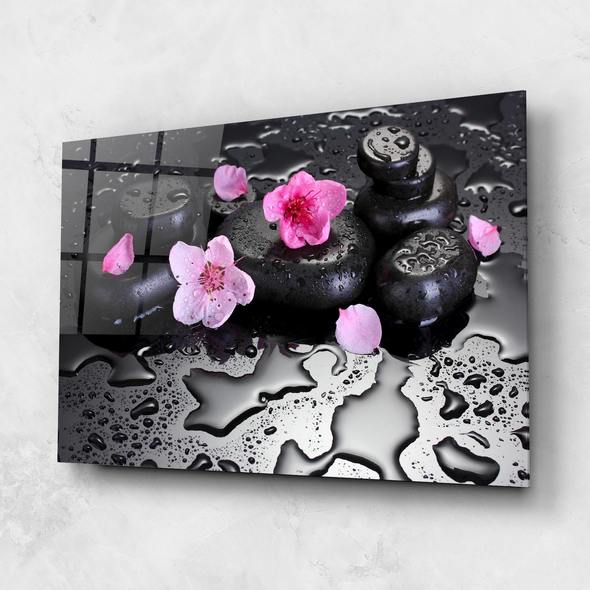 Glasbild Pink Flowers Stones mockup 1
