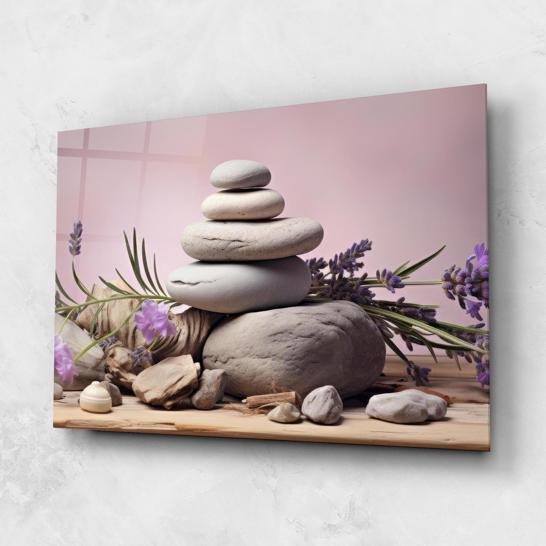 Glasbild Purple Flower Stones mockup 1