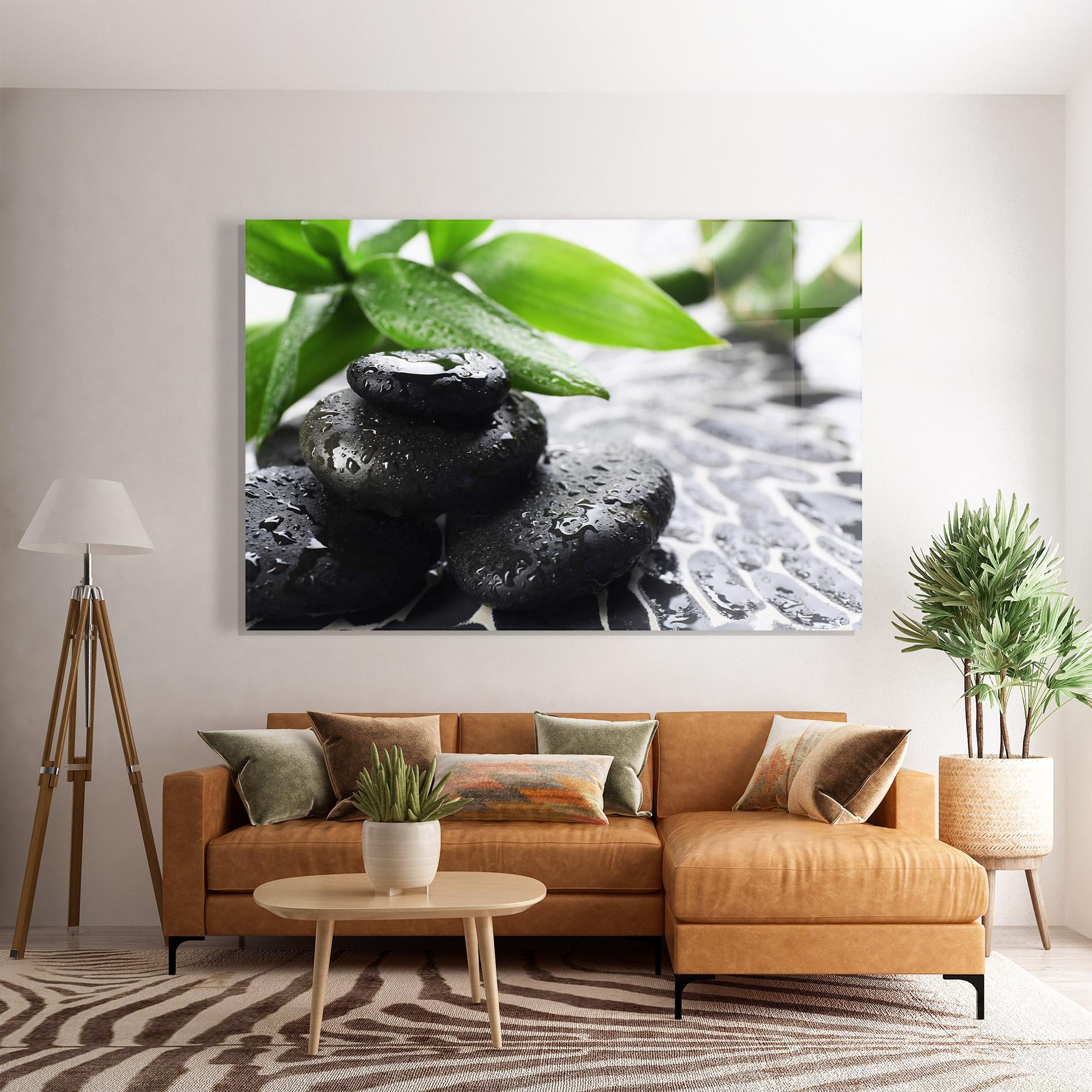 Glasbild Bamboo Branch Stones mockup 7