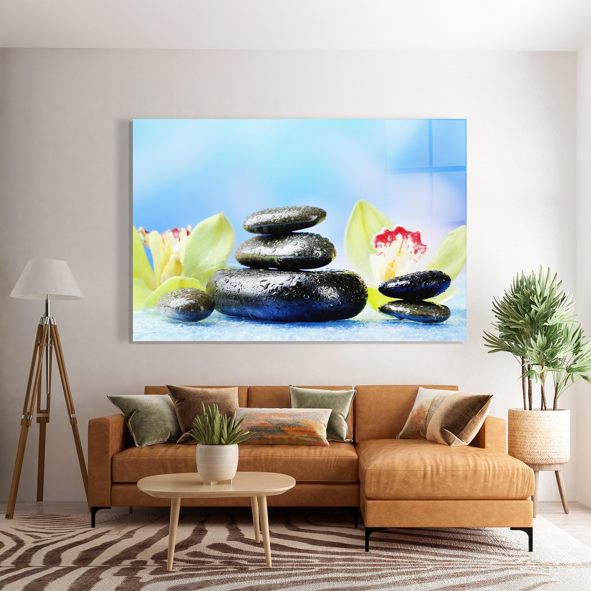 Glasbild Blooming Orchid Stone mockup 7