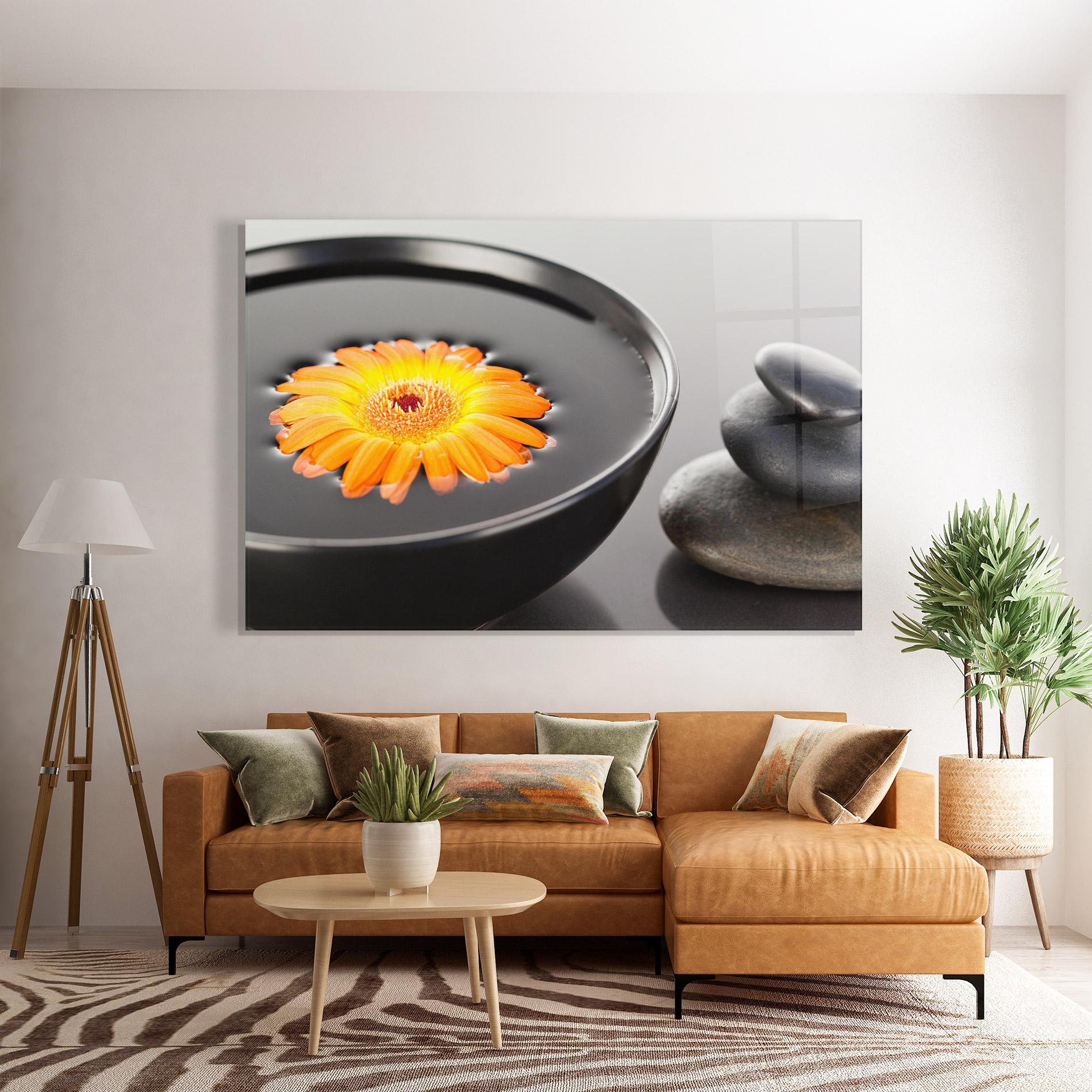 Glasbild Orange Flower Stones mockup 7