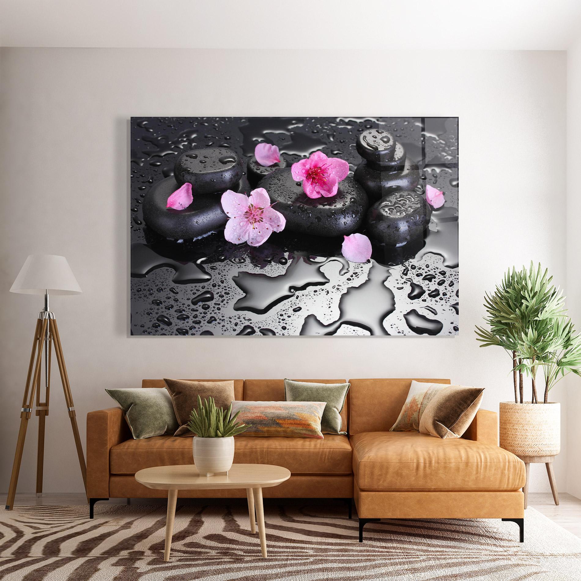 Glasbild Pink Flowers Stones mockup 7