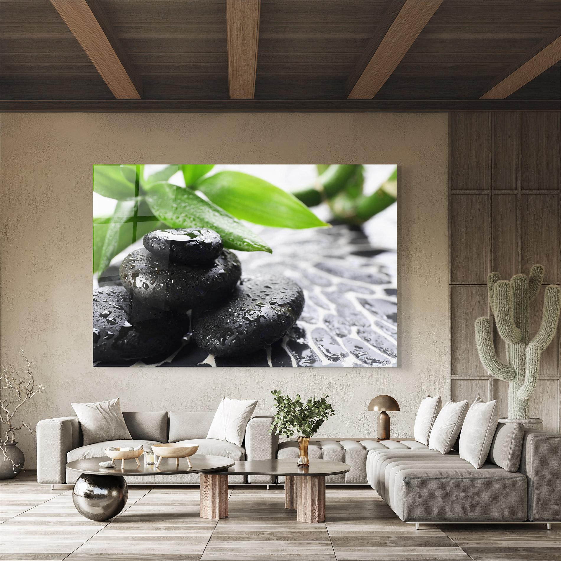 Glasbild Bamboo Branch Stones mockup 8