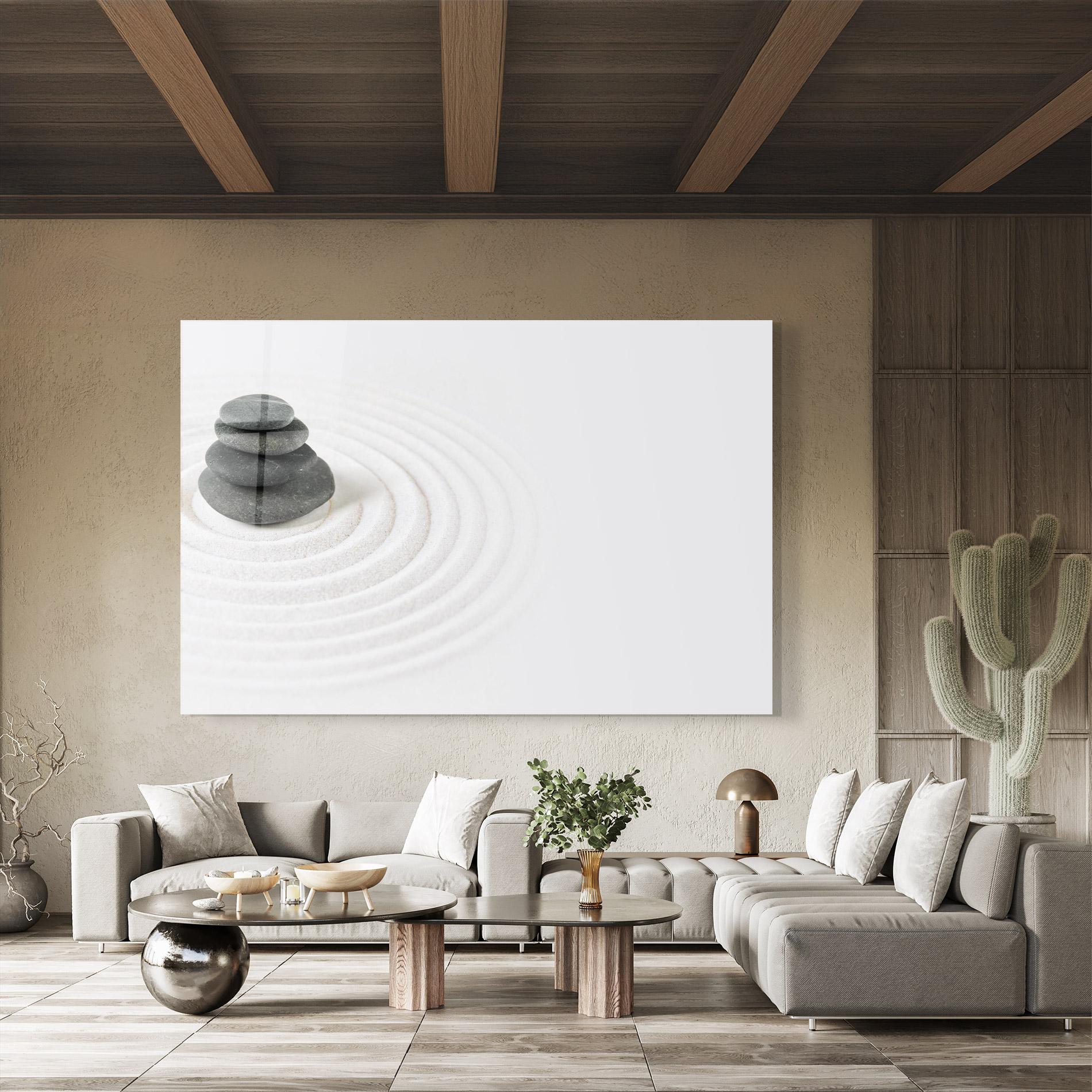 Glasbild Black Stones Sand mockup 8