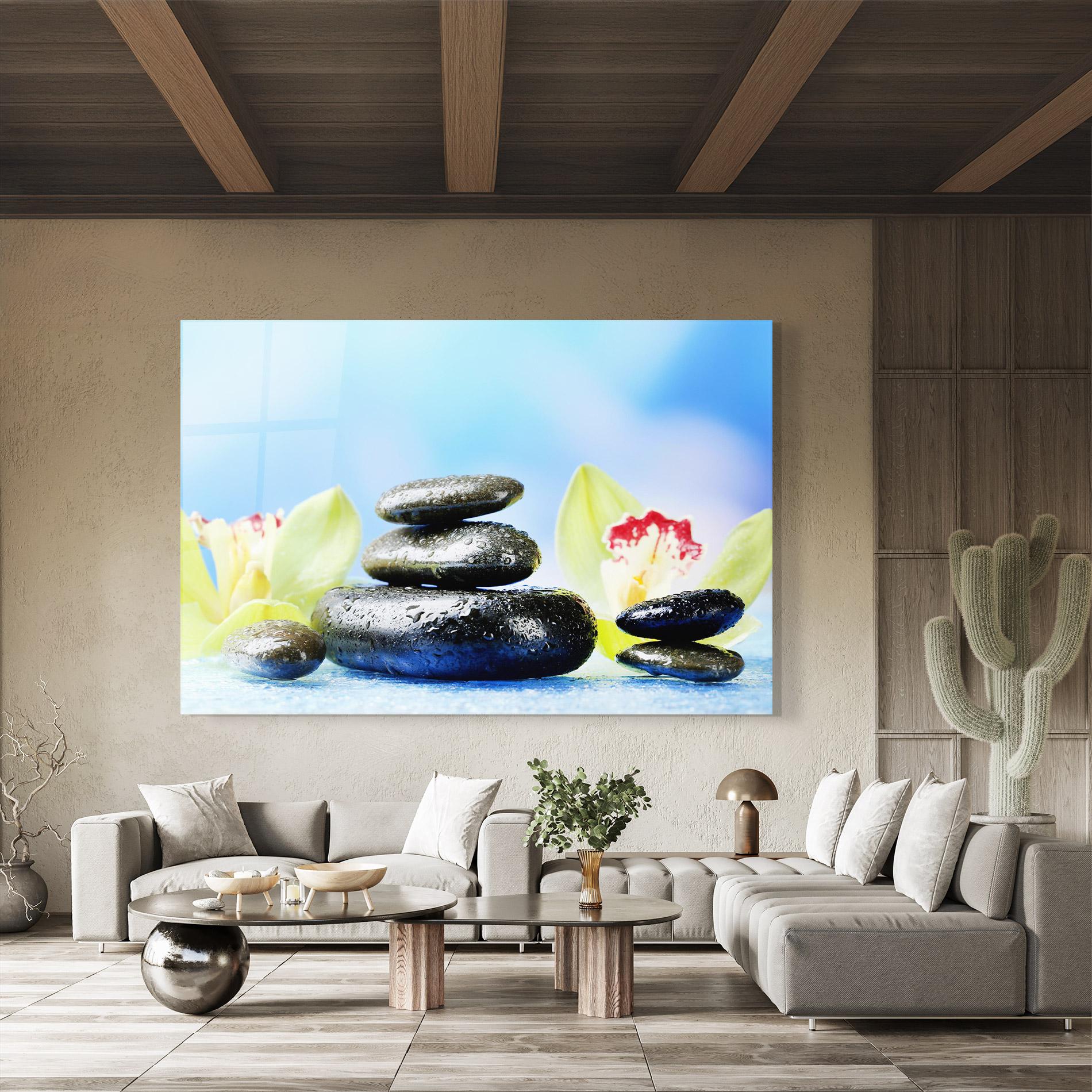 Glasbild Blooming Orchid Stone mockup 8