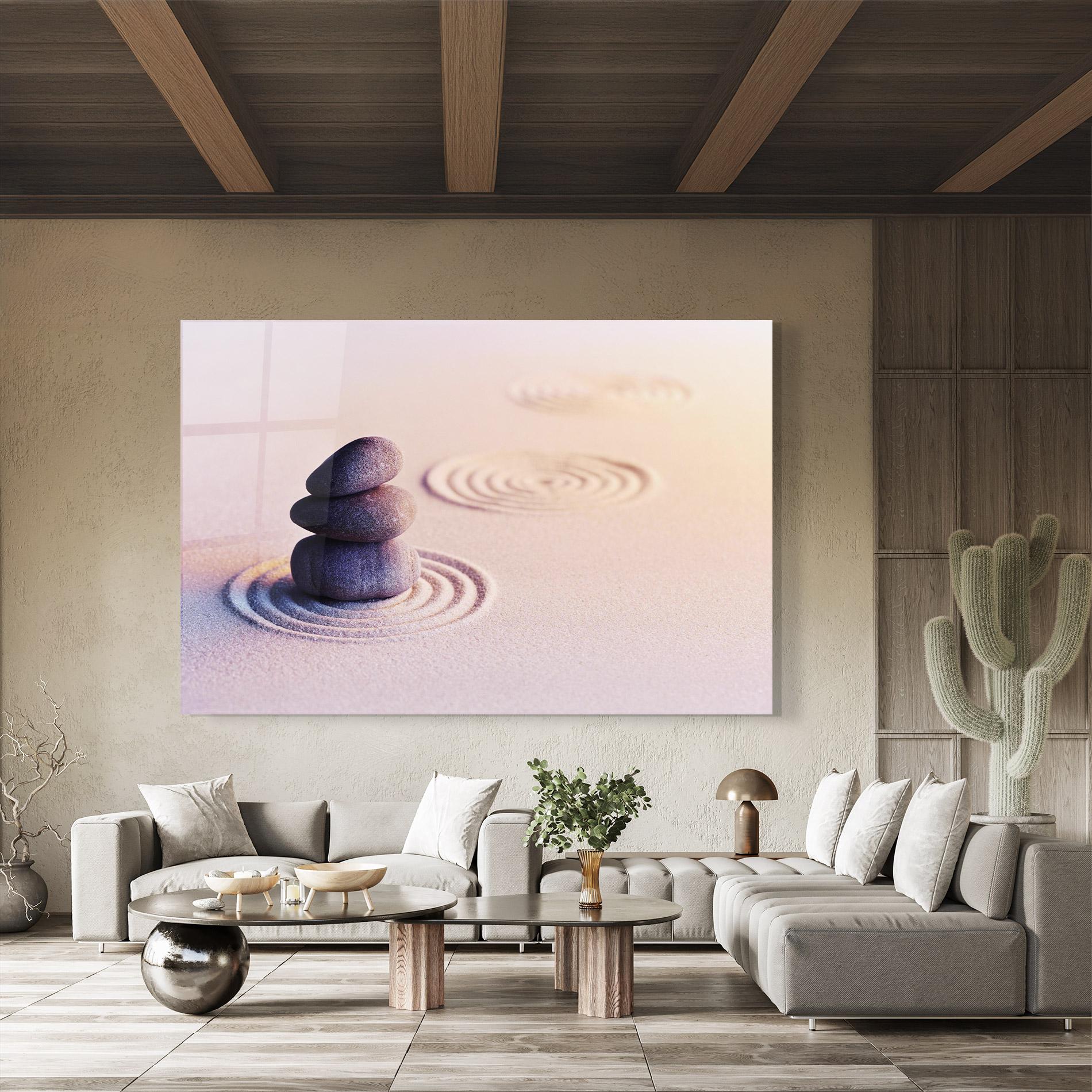 Glasbild Meditation Stones Sand mockup 8