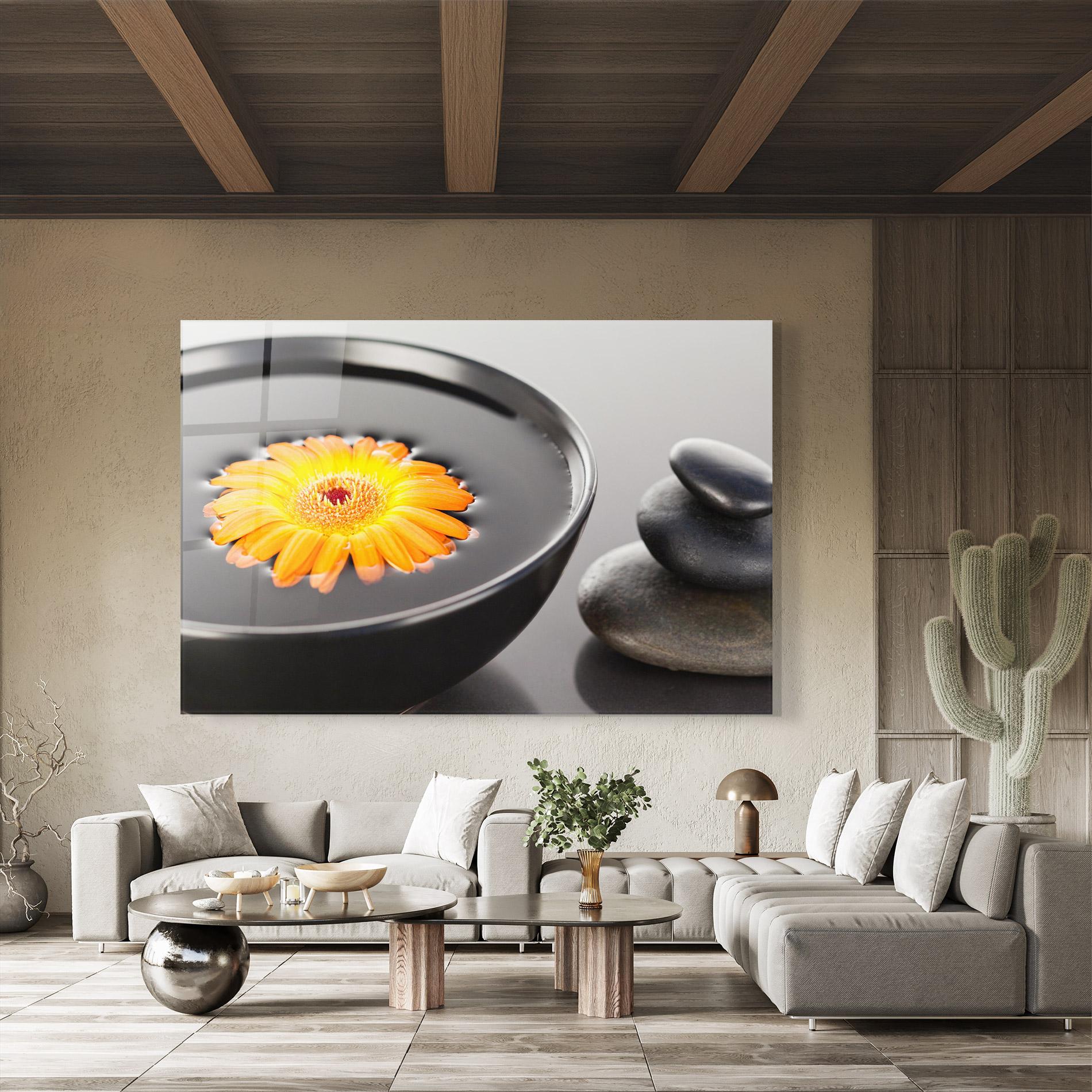 Glasbild Orange Flower Stones mockup 8