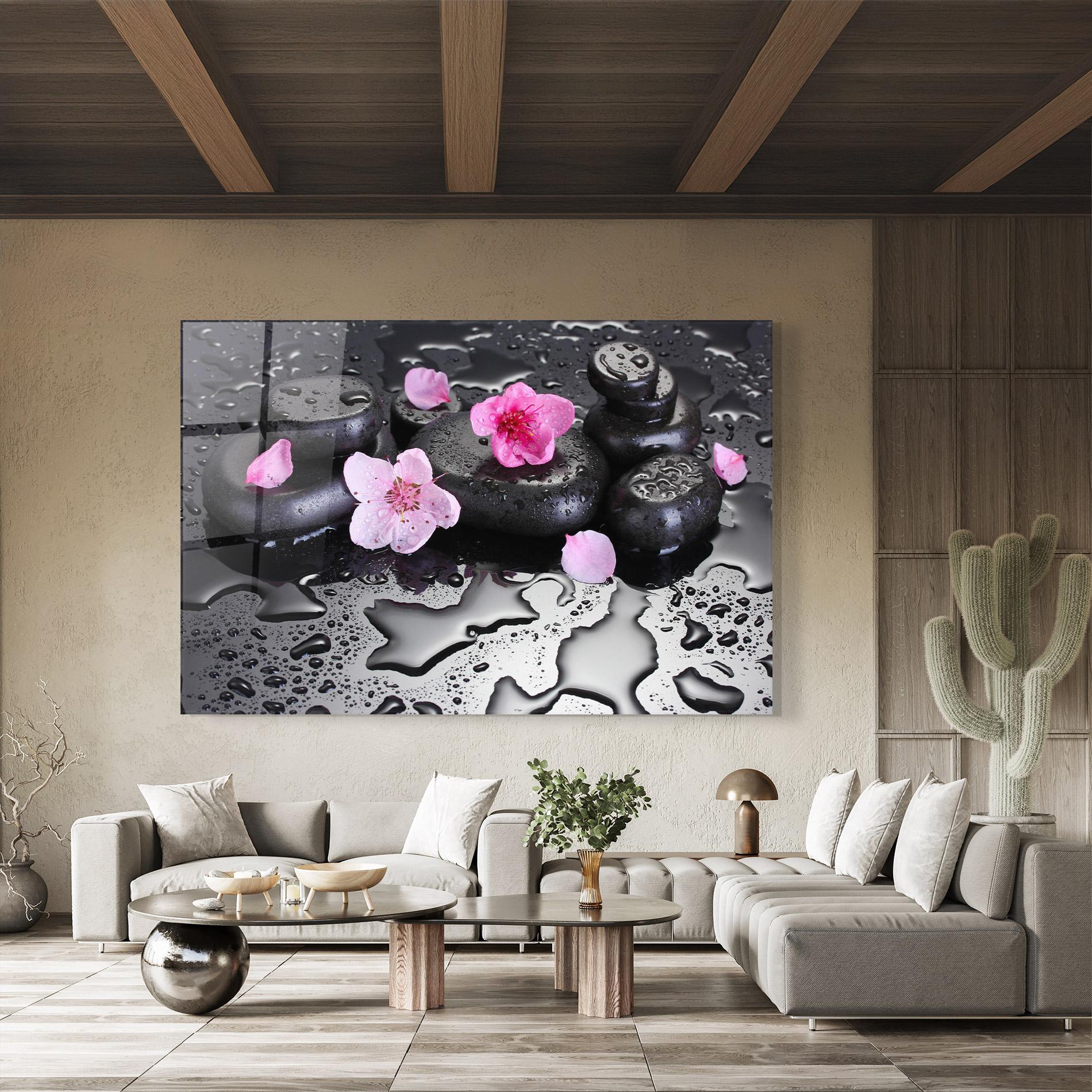 Glasbild Pink Flowers Stones mockup 8