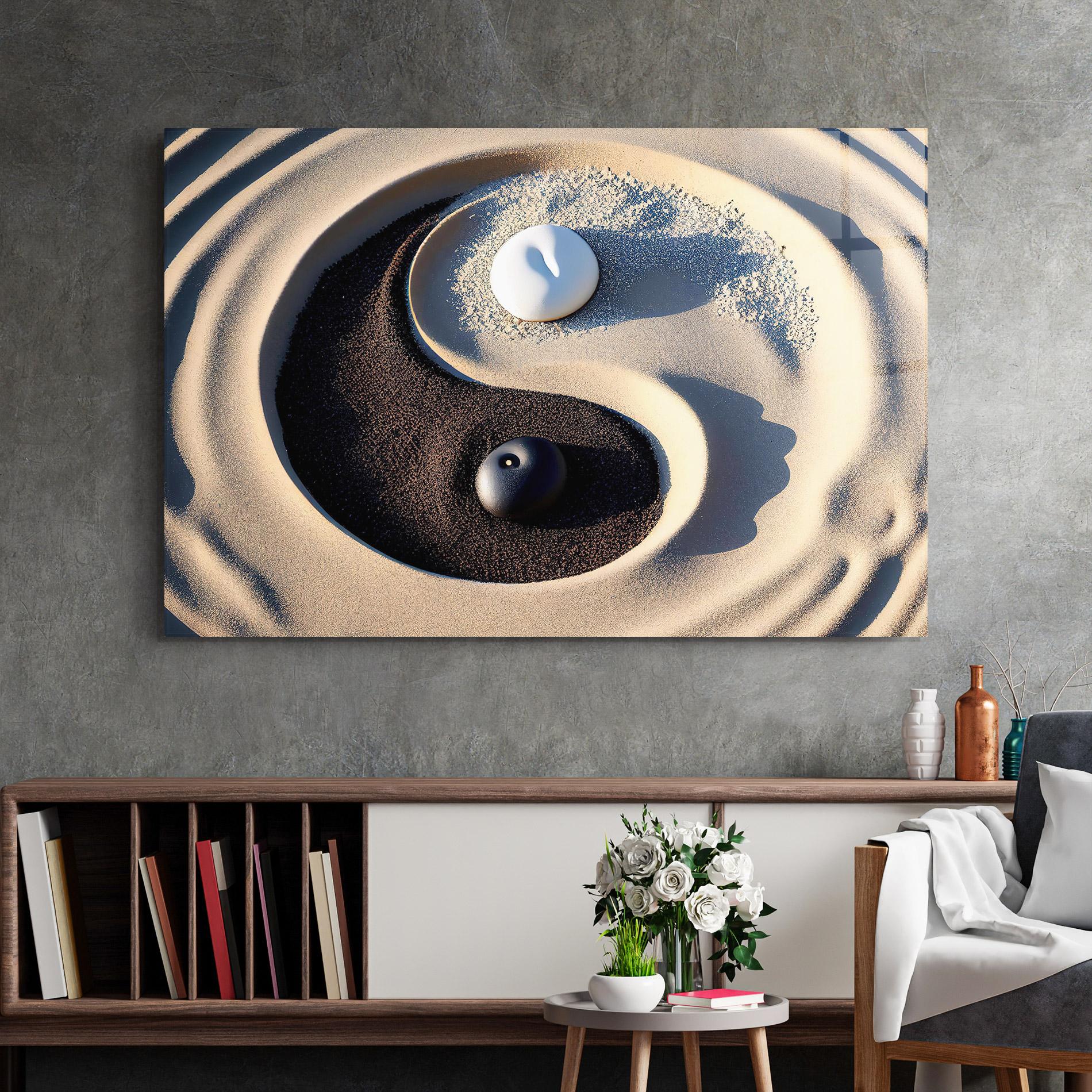 Glasbild Black Sand Yinyang mockup 2