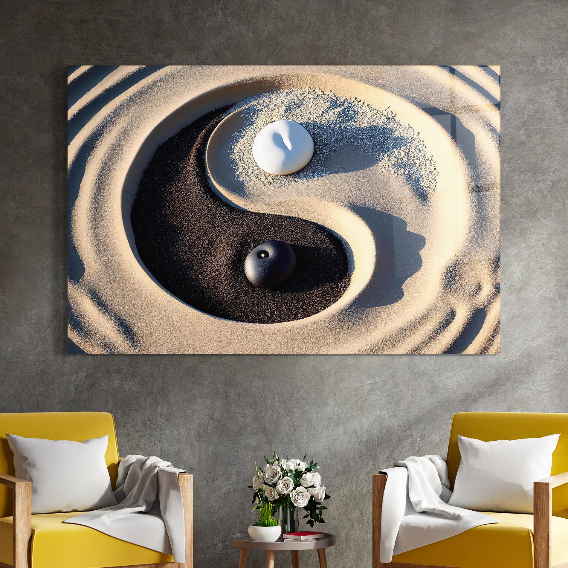 Glasbild Black Sand Yinyang mockup 4