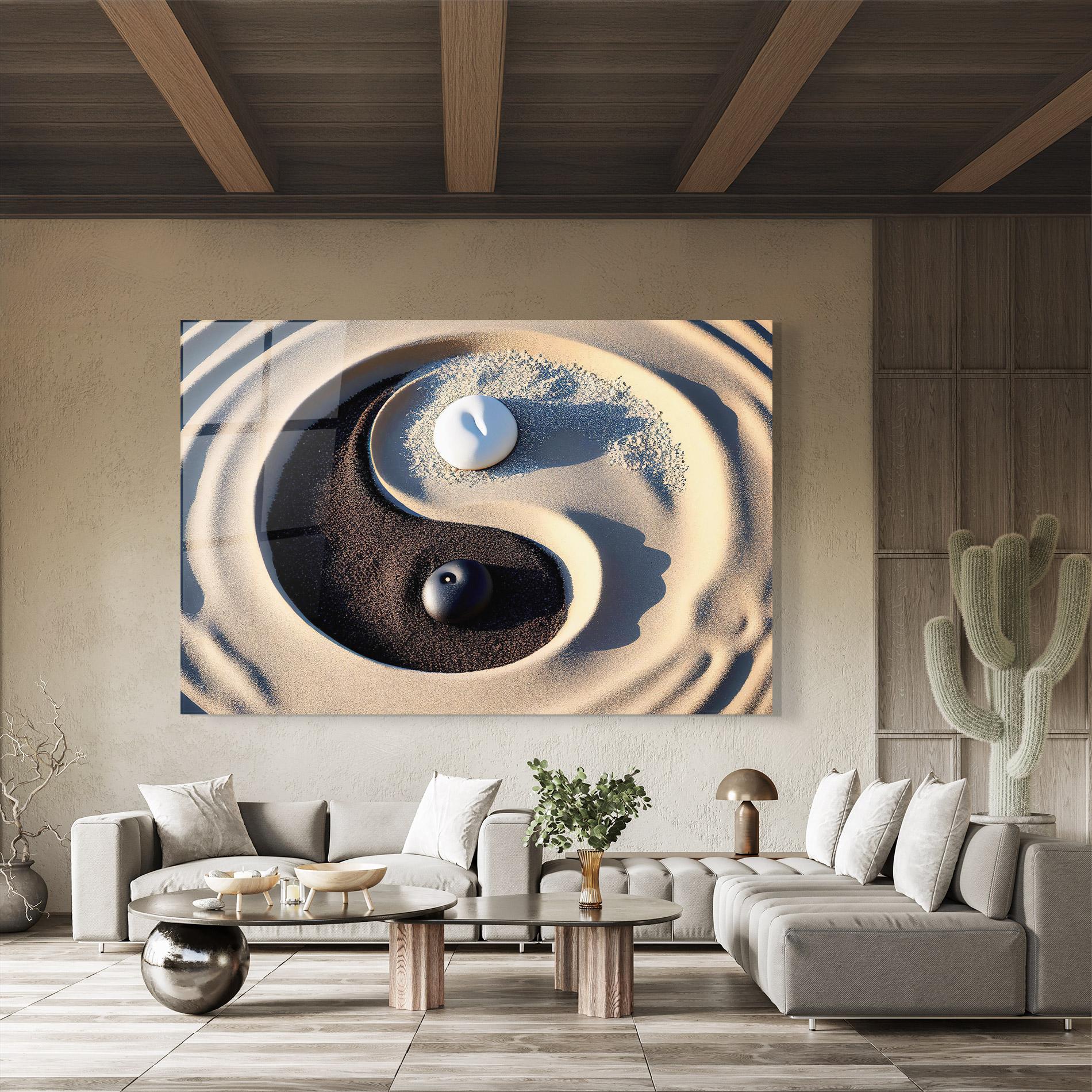 Glasbild Black Sand Yinyang mockup 8