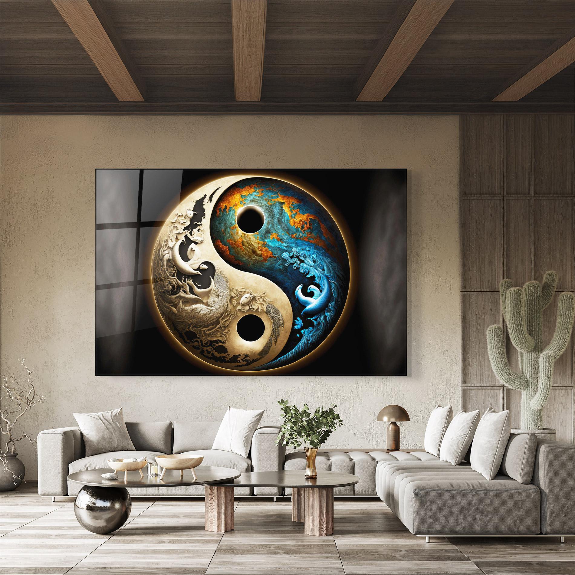 Glasbild Cream Blue Yinyang mockup 8