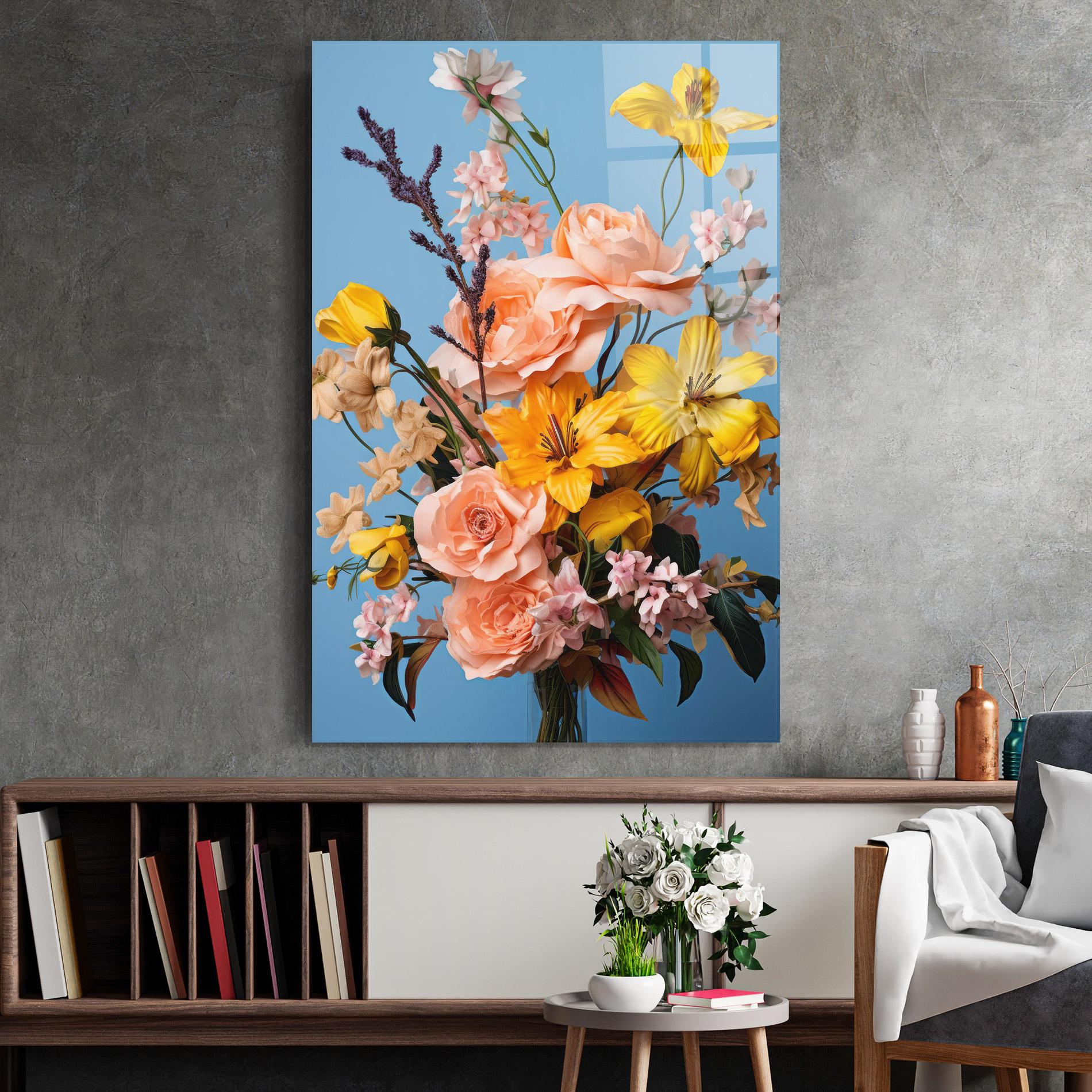 Glasbild Flower Mix On Blue mockup 2