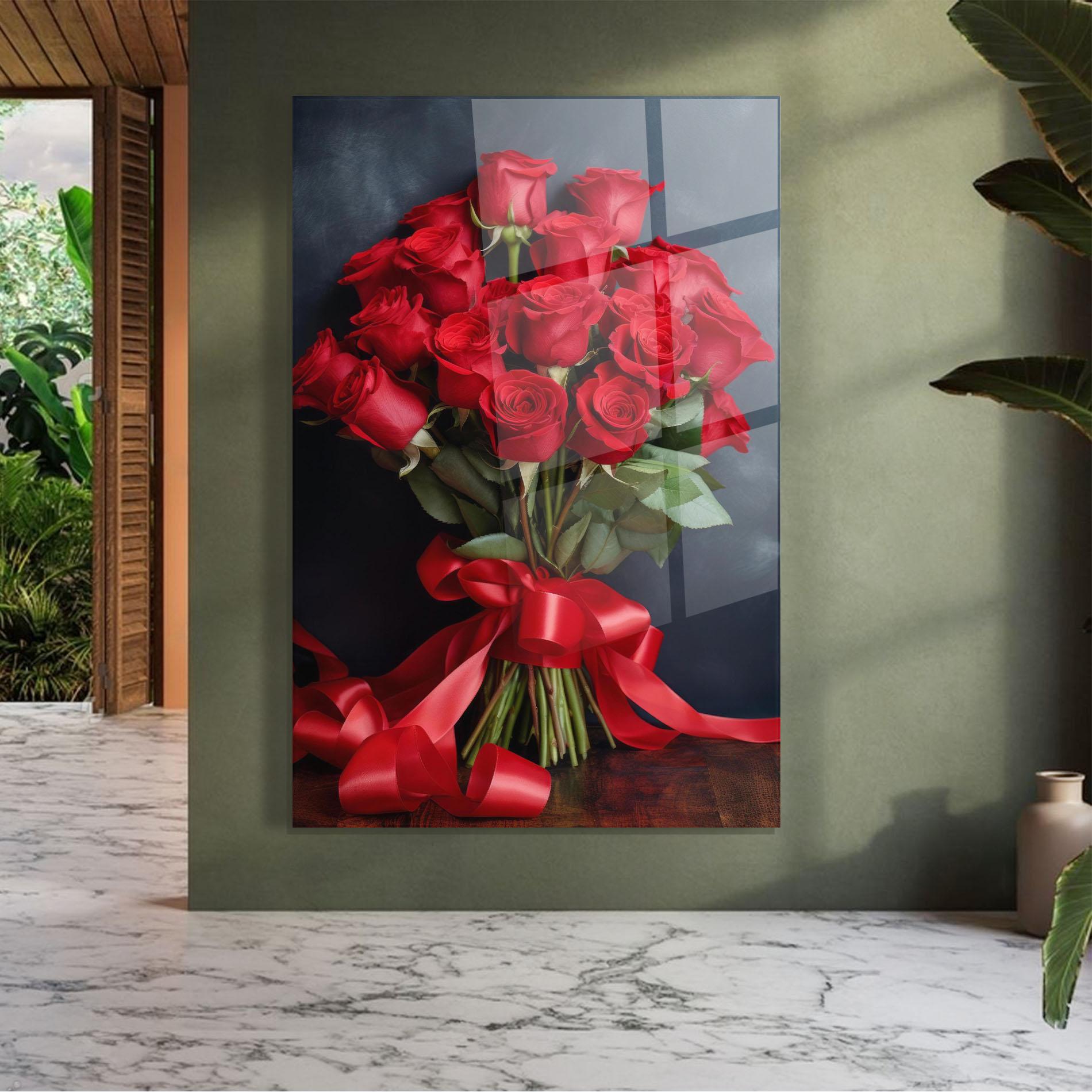Glasbild Beautiful Red Roses Bouquet mockup 7