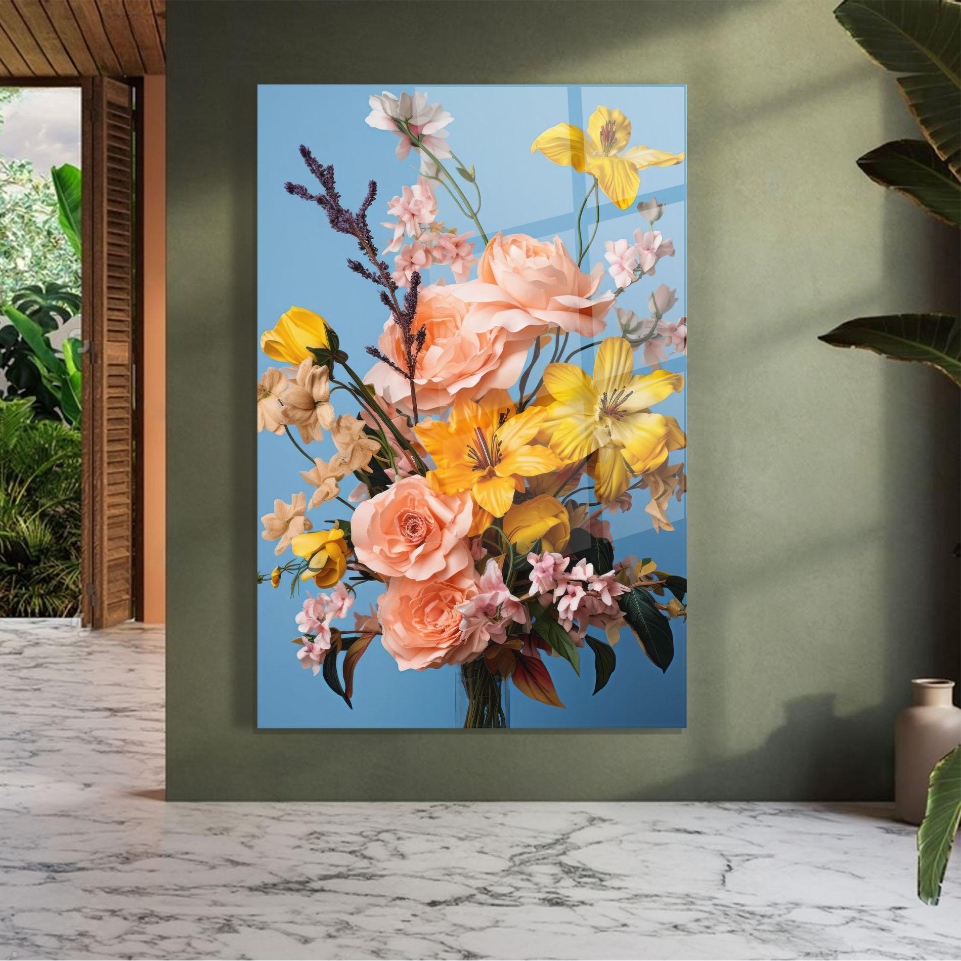 Glasbild Flower Mix On Blue mockup 7