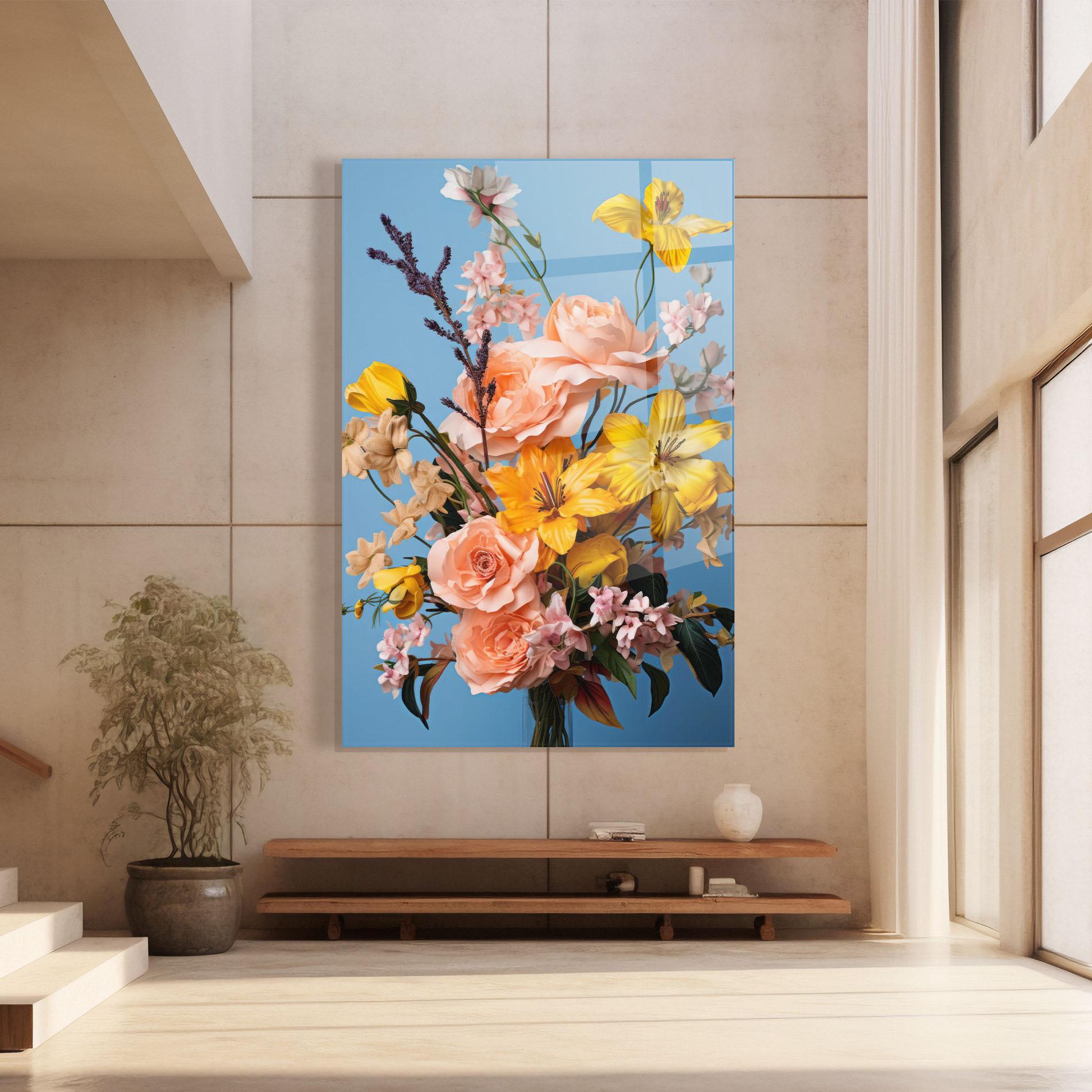 Glasbild Flower Mix On Blue mockup 8
