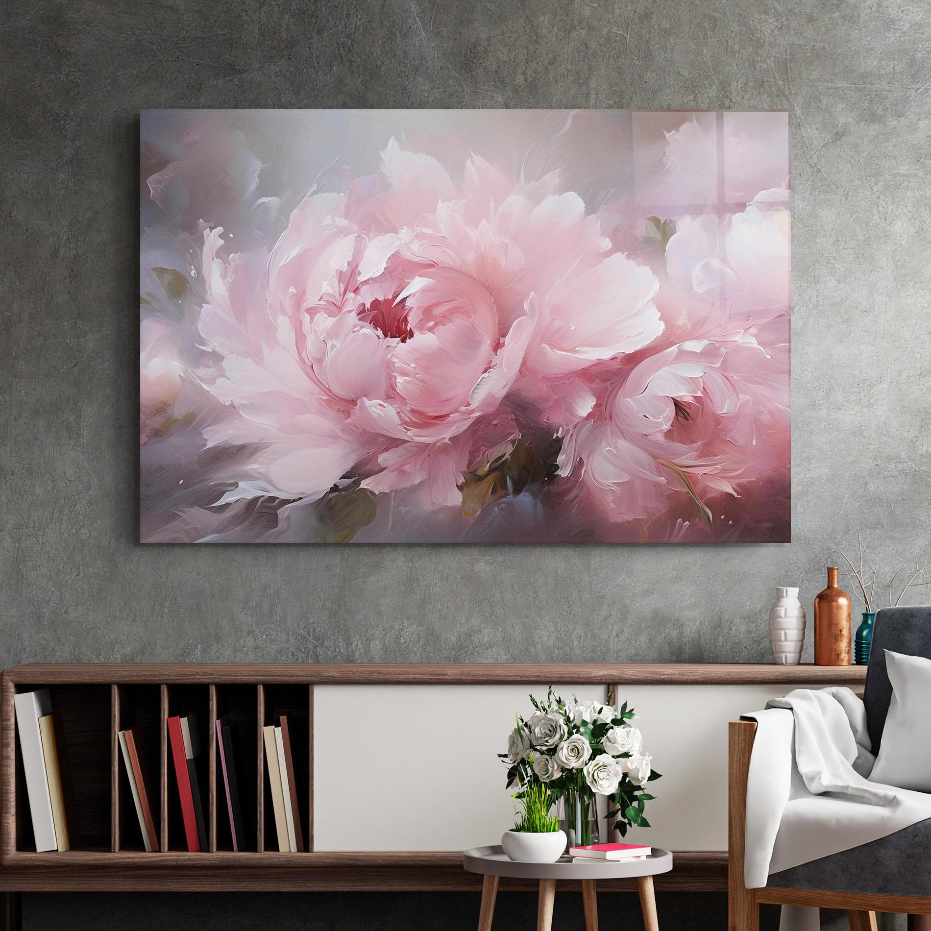 Glasbild Dreamy Painting Peony mockup 2