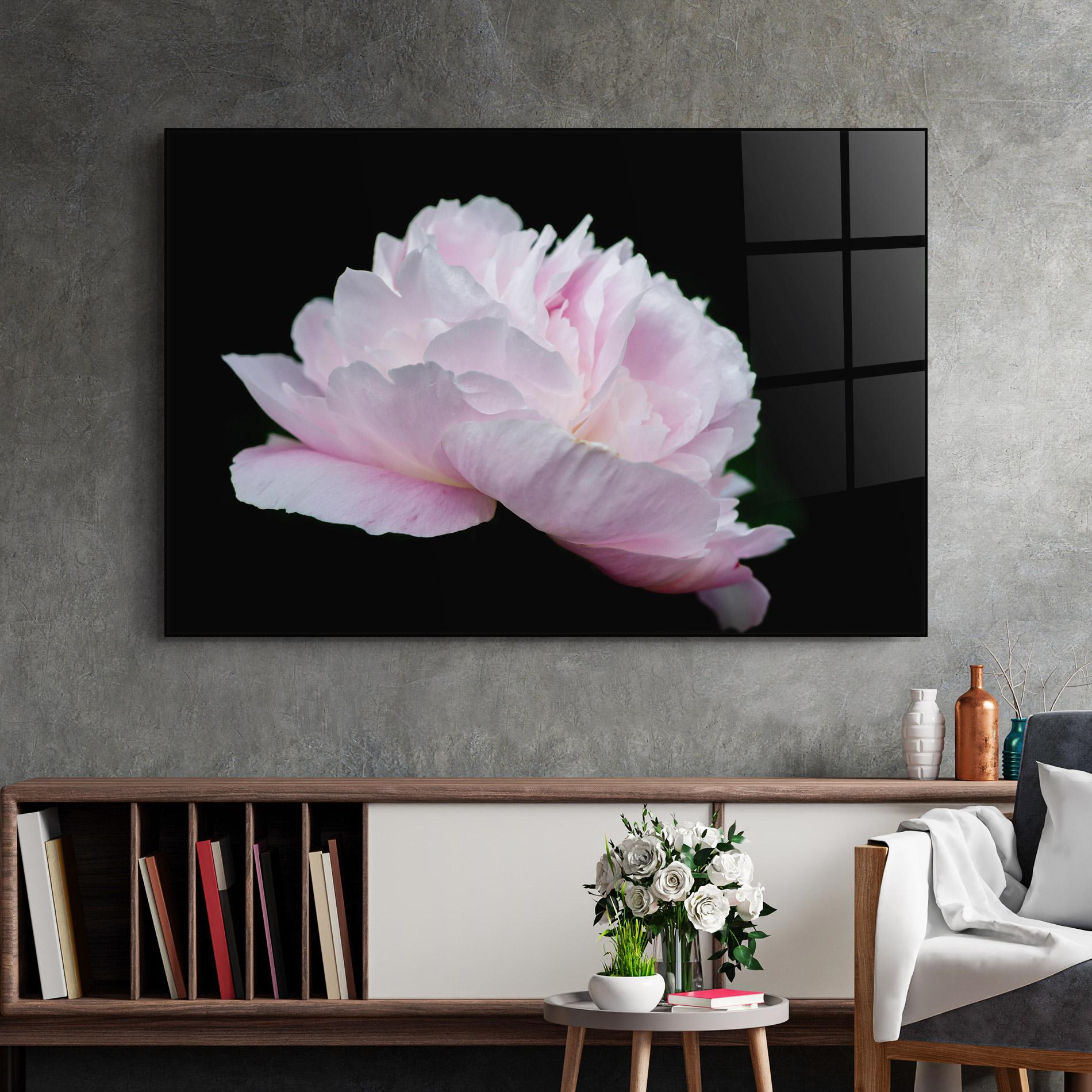 Glasbild Pastel Peony On Black mockup 2