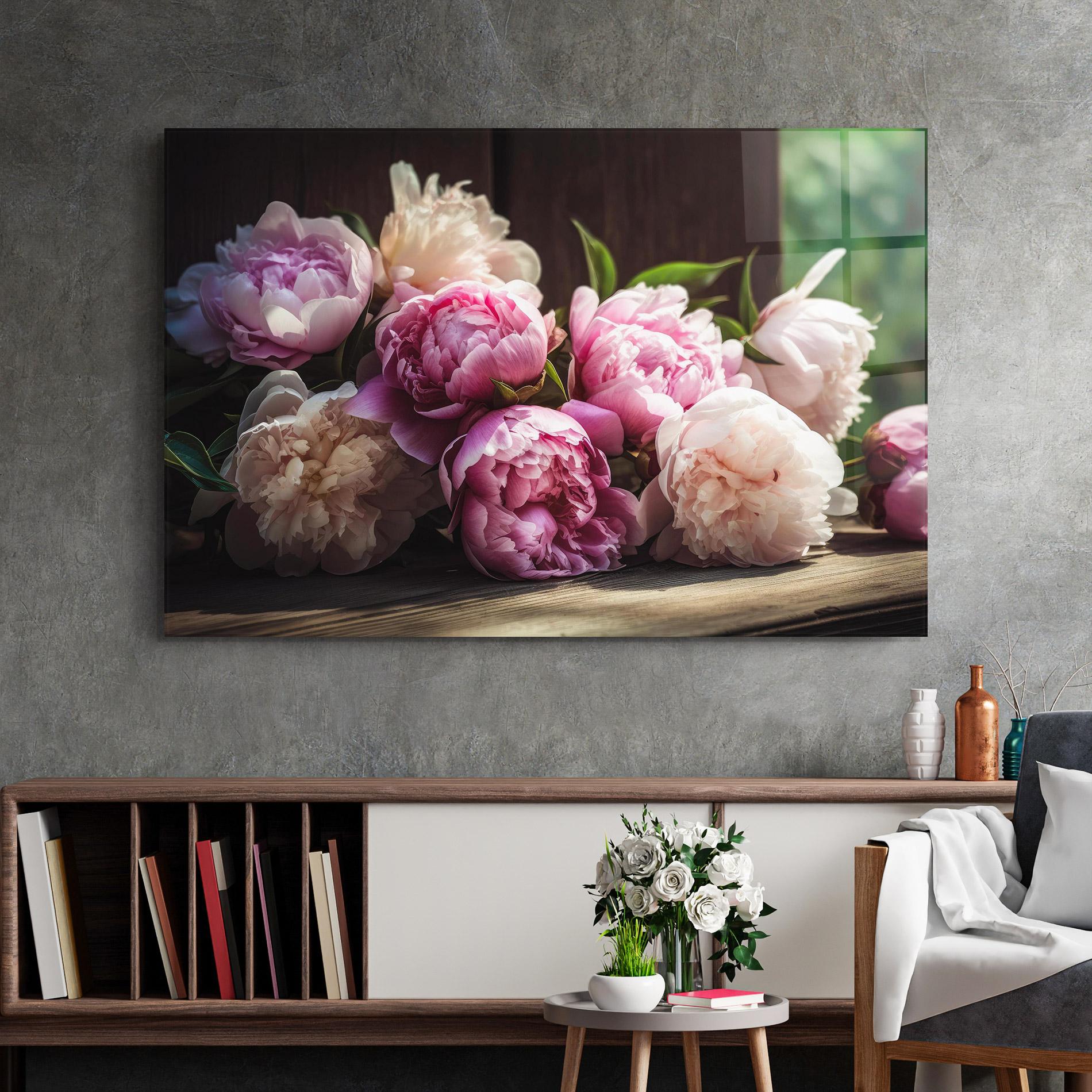 Glasbild Peonies On The Table mockup 2