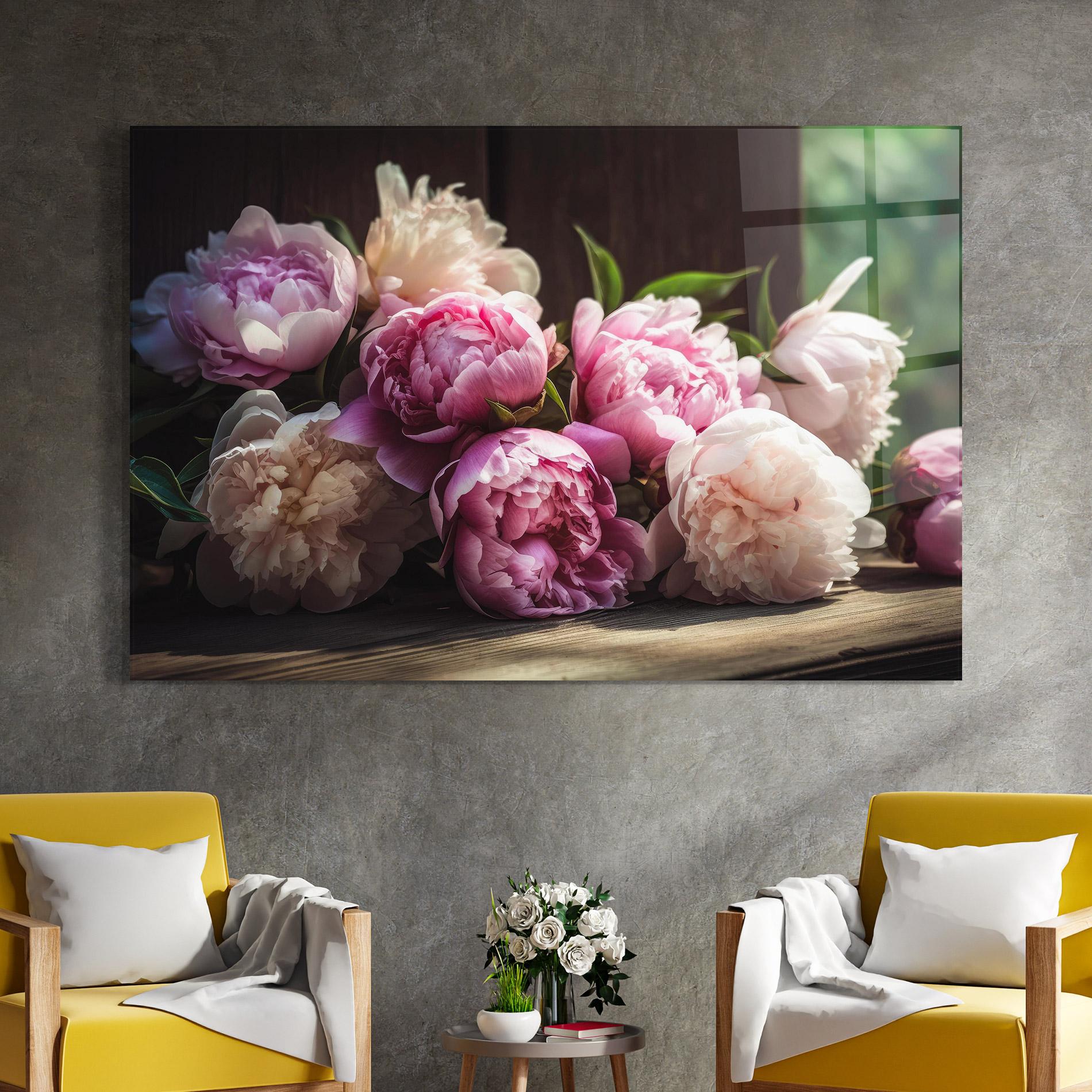 Glasbild Peonies On The Table mockup 4