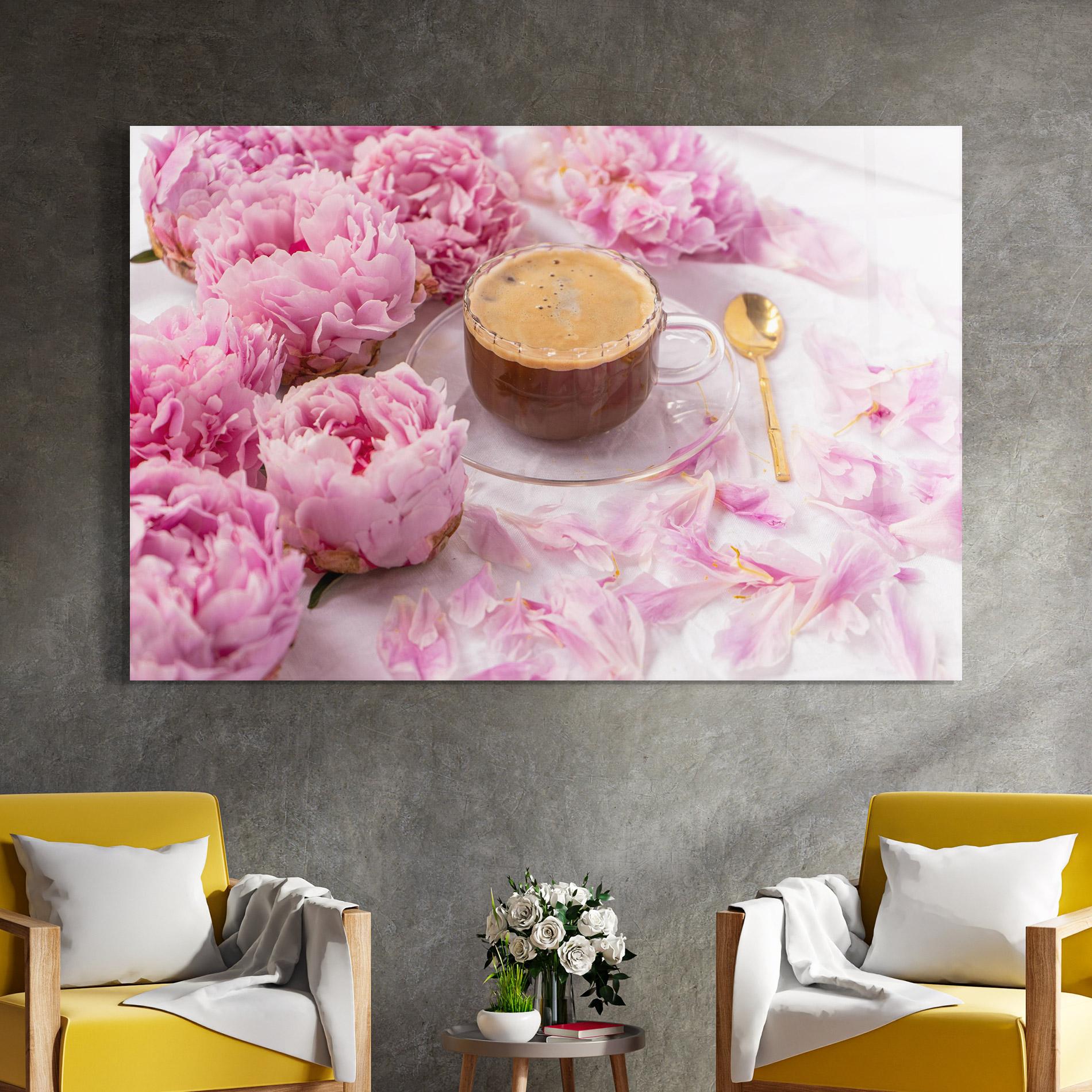 Glasbild Peony And Coffee mockup 4