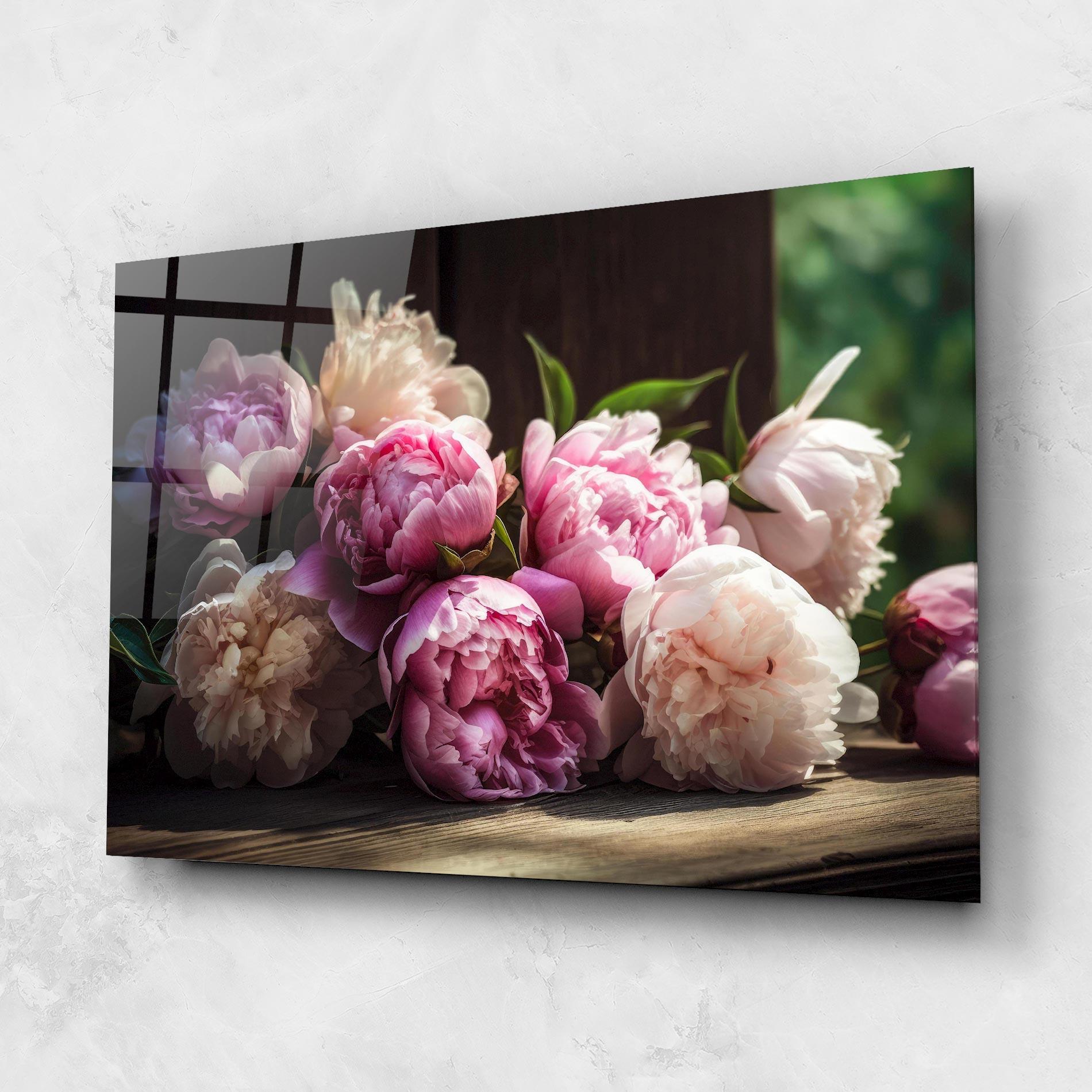 Glasbild Peonies On The Table mockup 1