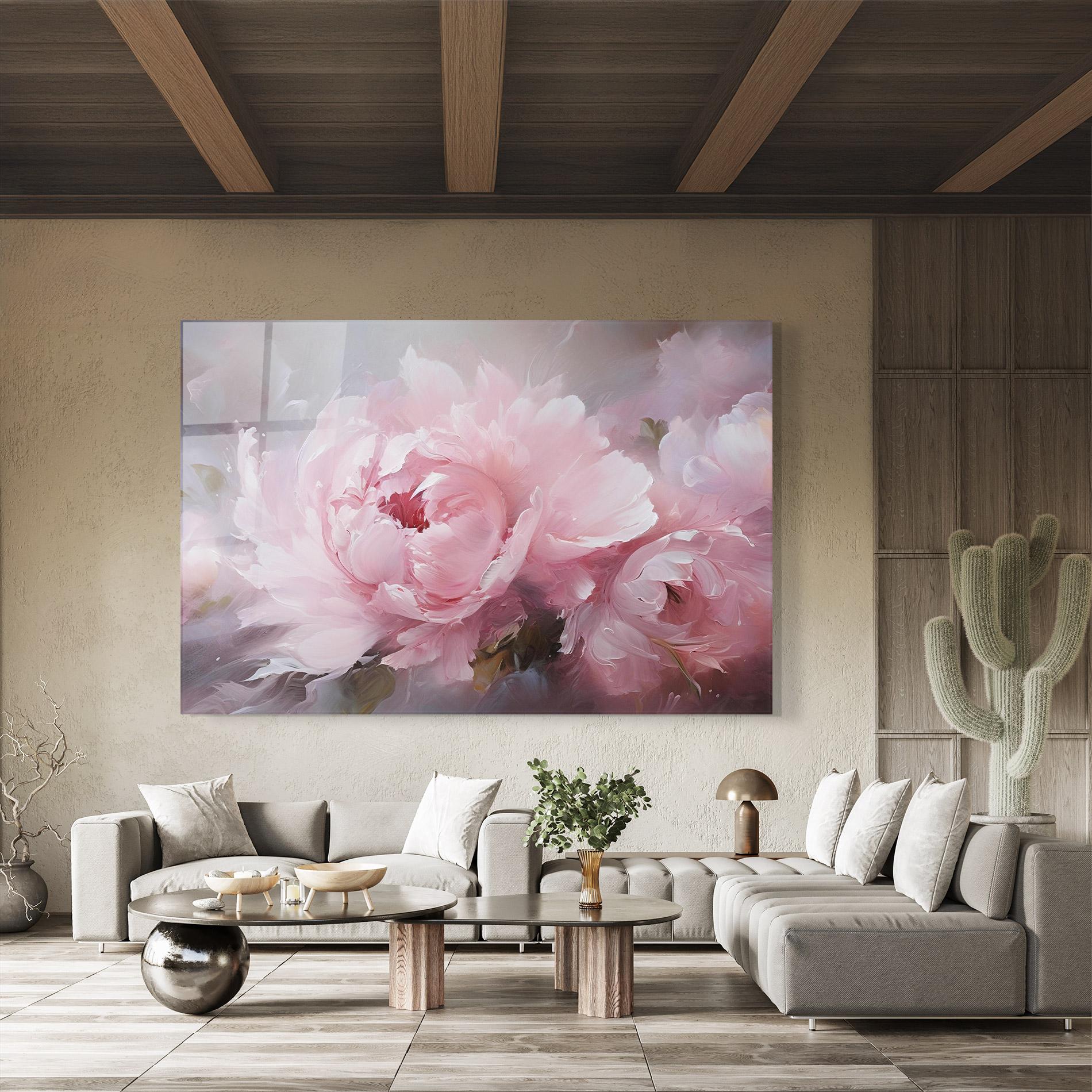 Glasbild Dreamy Painting Peony mockup 8