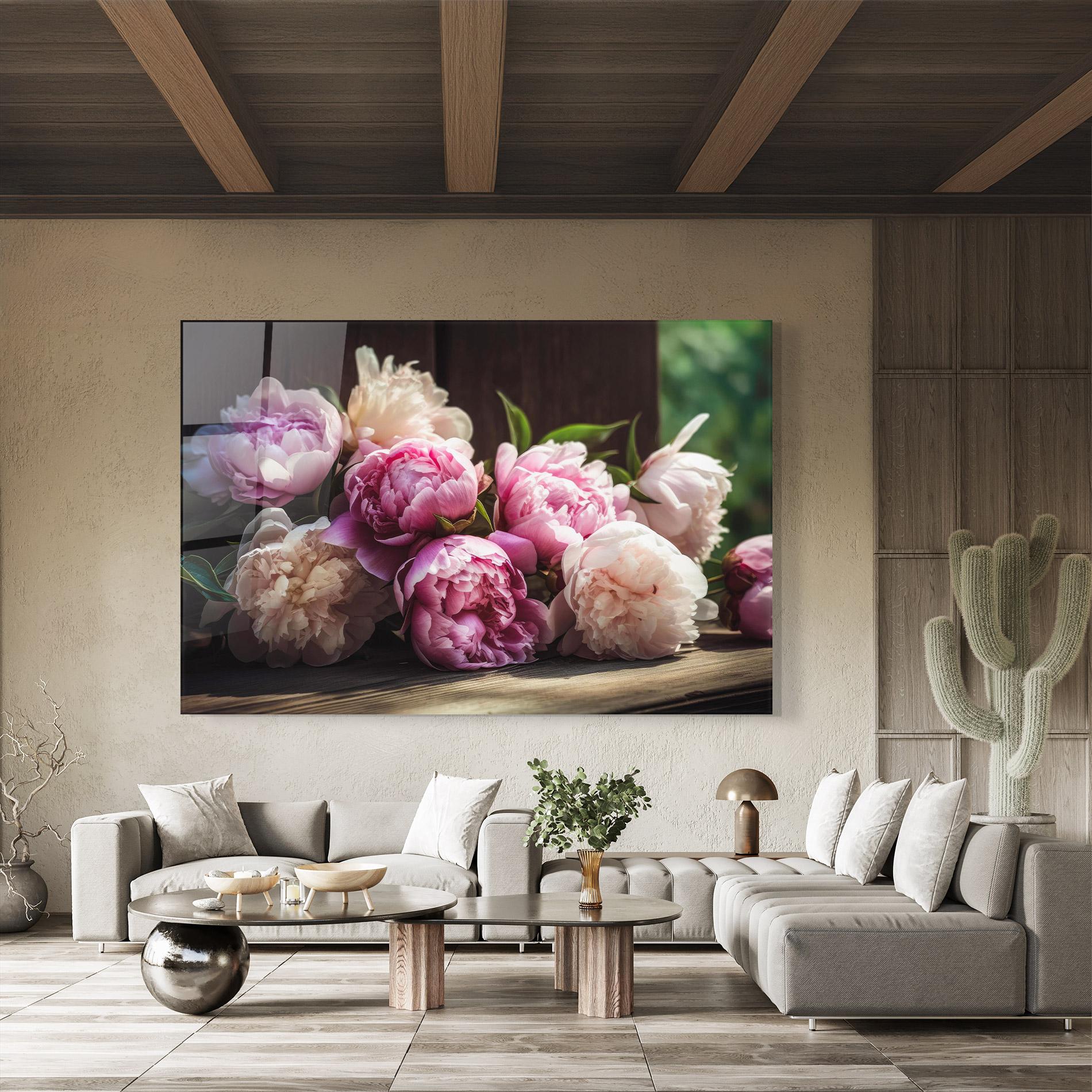 Glasbild Peonies On The Table mockup 8