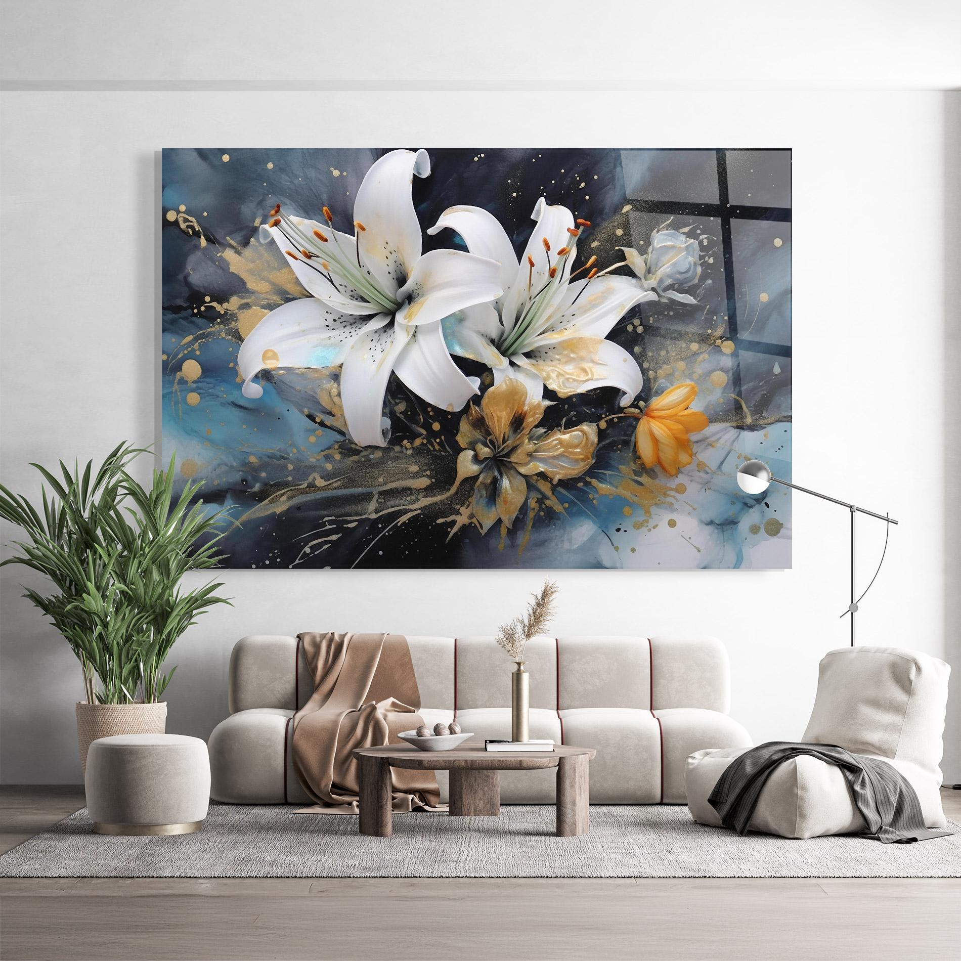 Glasbild Lily On Blue Painting mockup 9