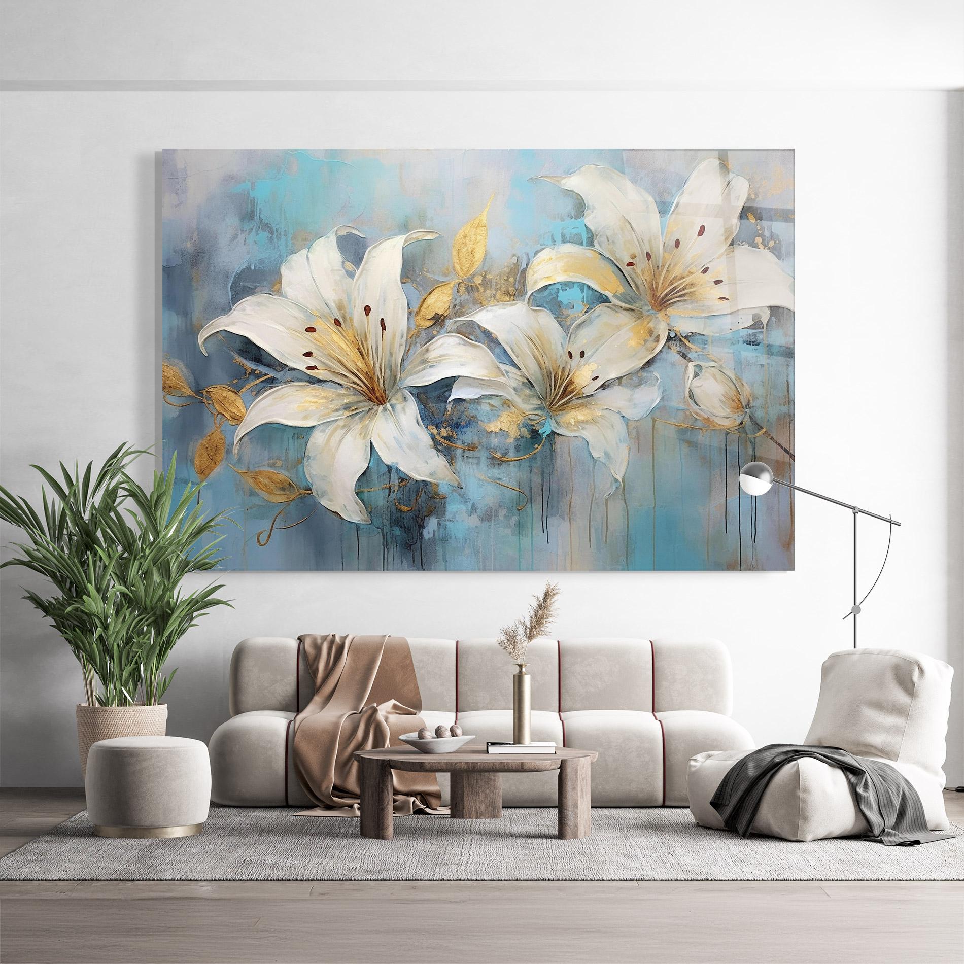 Glasbild Lily With Gold Painting mockup 9