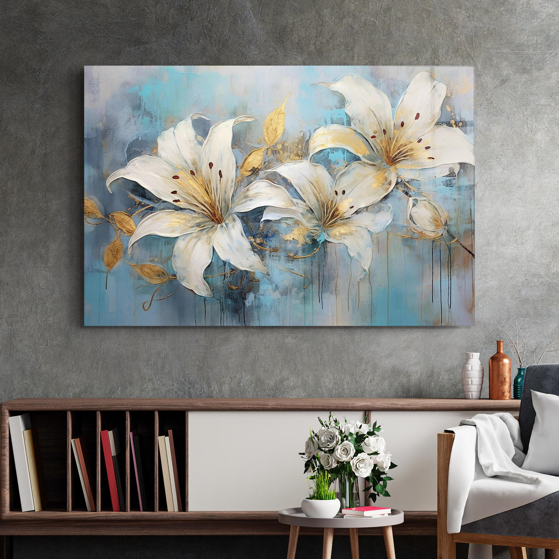 Glasbild Lily With Gold Painting mockup 2