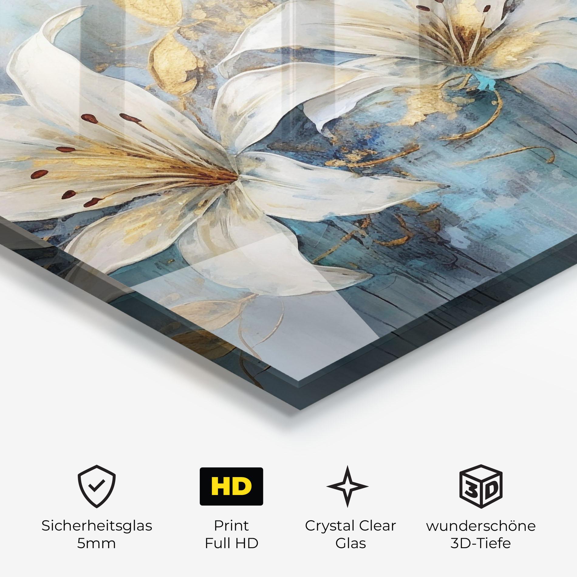 Glasbild Lily With Gold Painting mockup 3