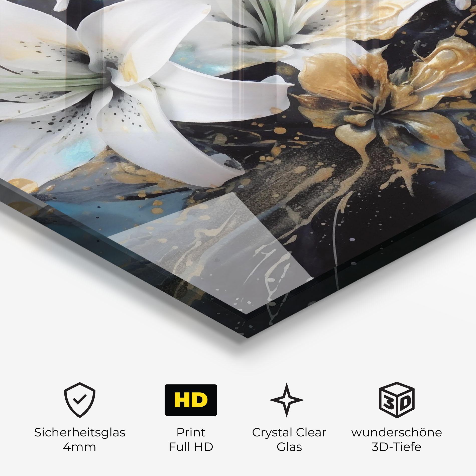 Glasbild Lily On Blue Painting mockup 3