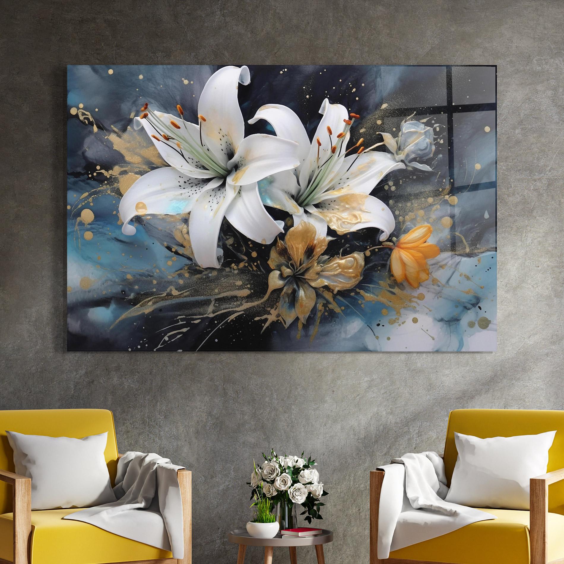 Glasbild Lily On Blue Painting mockup 4