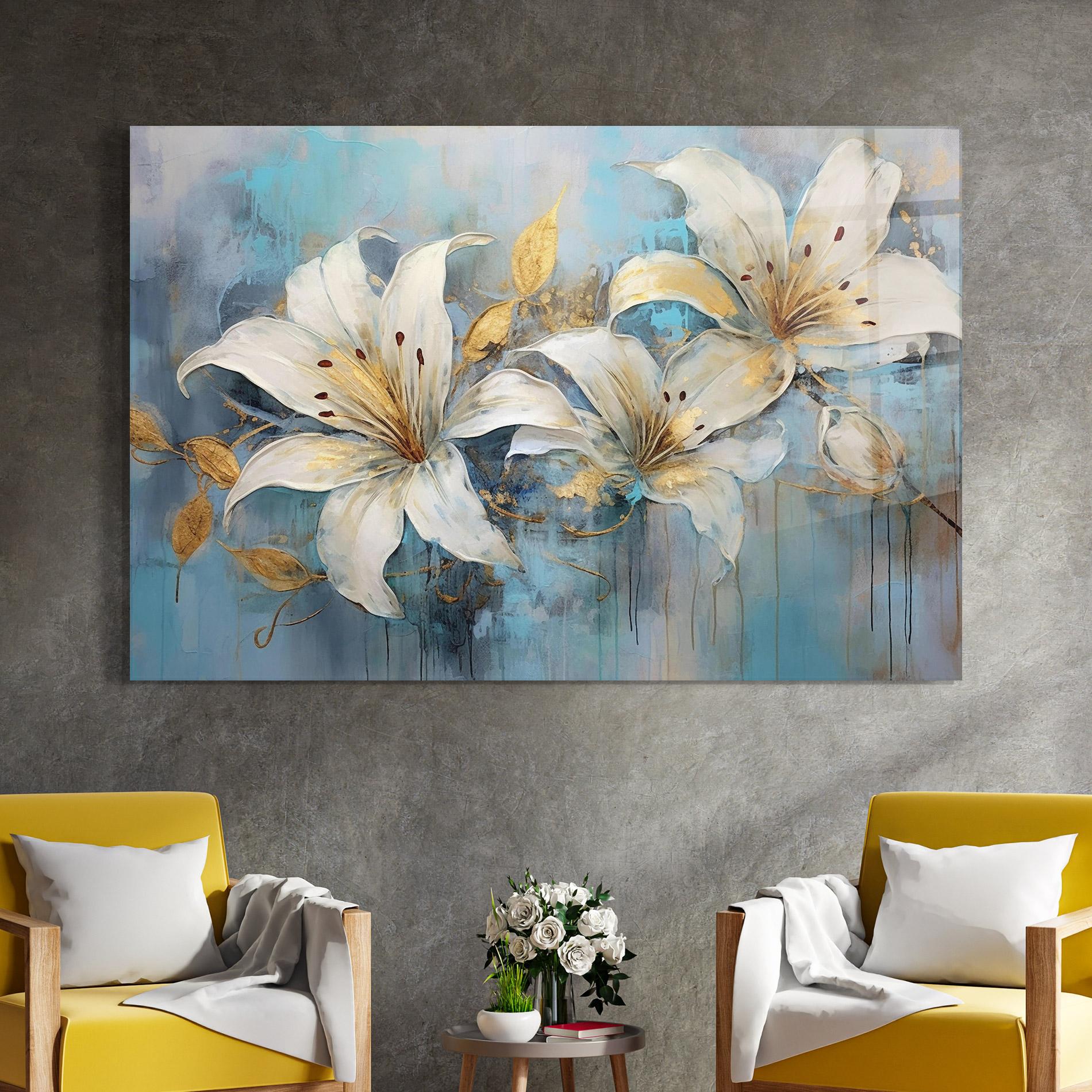 Glasbild Lily With Gold Painting mockup 4