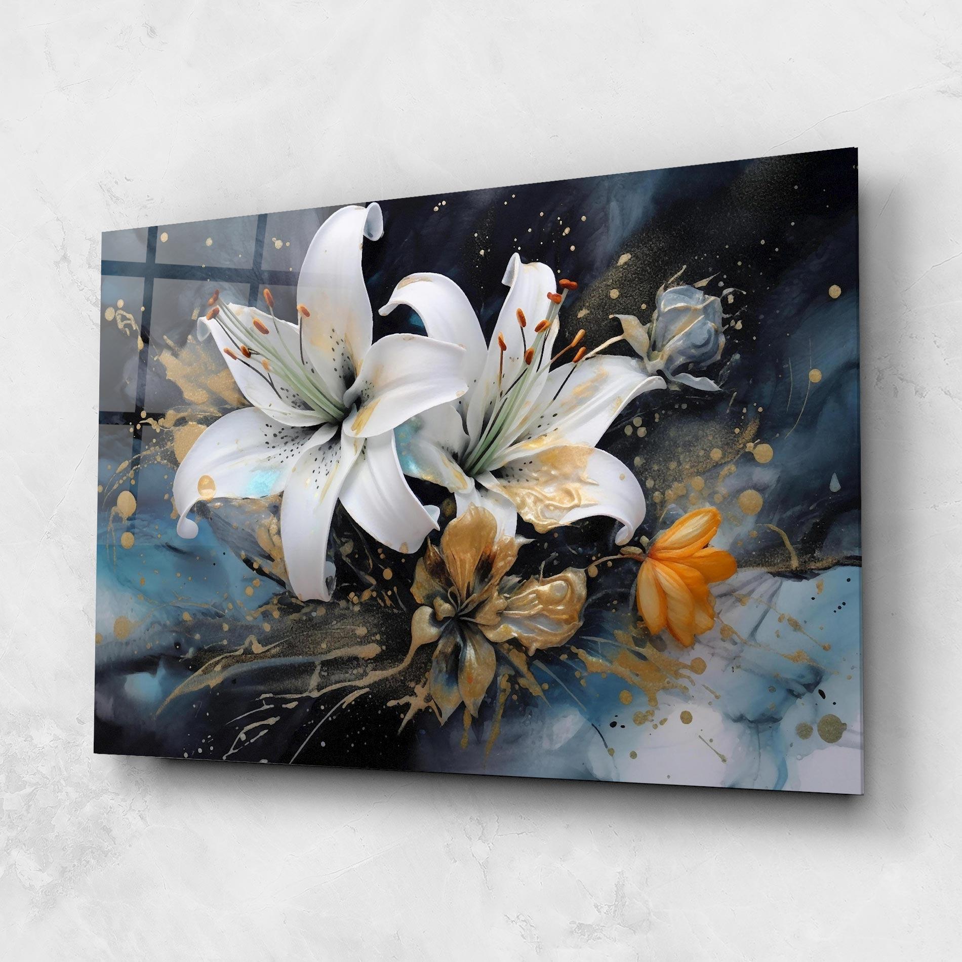 Glasbild Lily On Blue Painting mockup 1