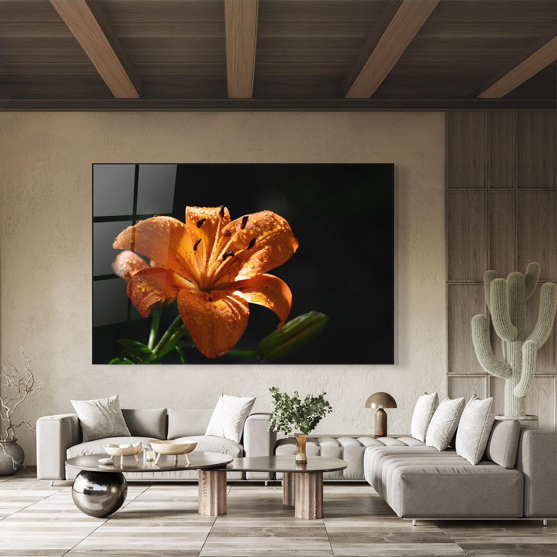 Glasbild Open Orange Lily On Black mockup 8