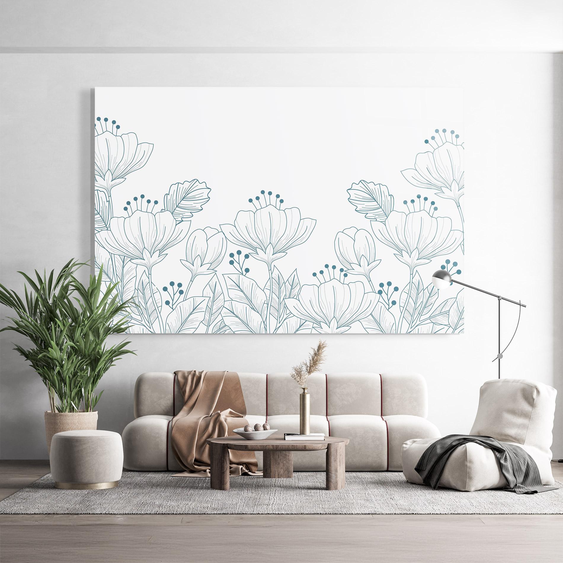 Glasbild Blue Line Flowers mockup 9