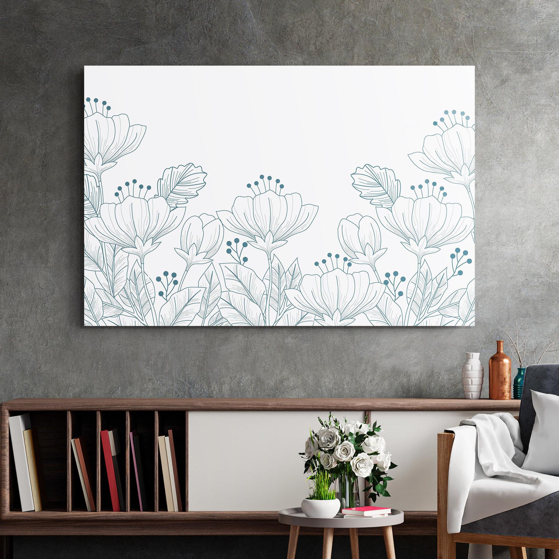 Glasbild Blue Line Flowers mockup 2