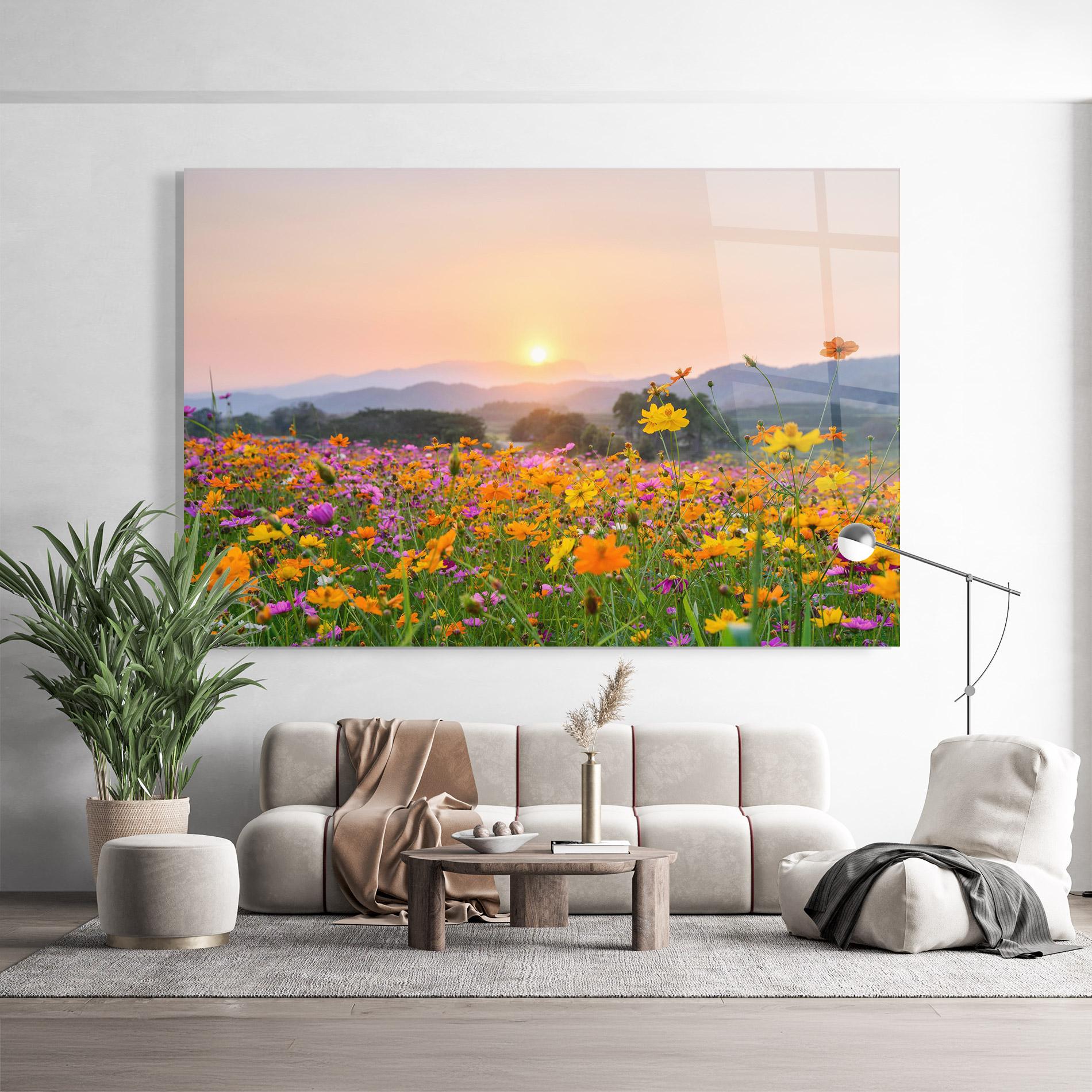 Glasbild Sunset Mountain Flowerf mockup 9