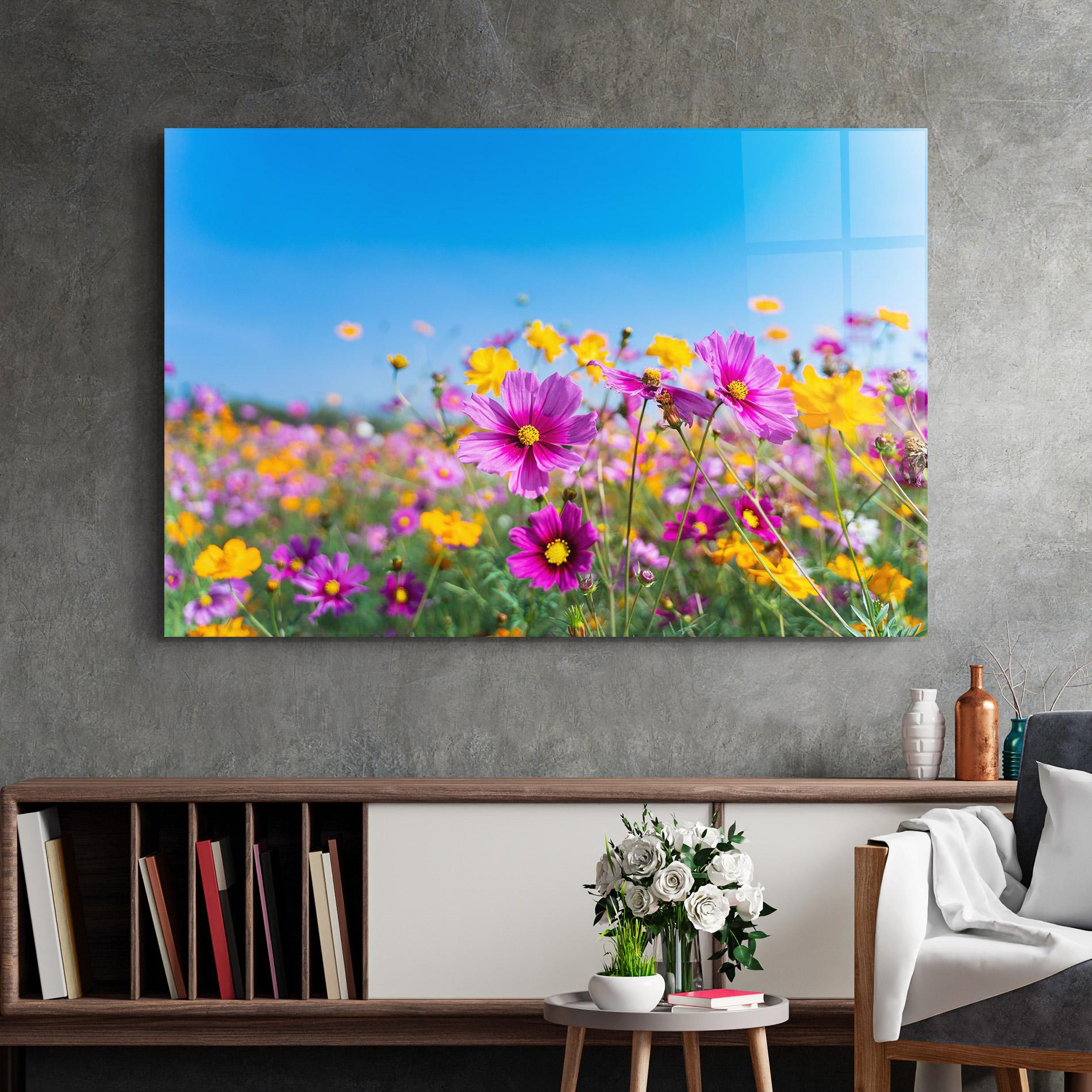 Glasbild Cosmos Flowers Grassland mockup 2